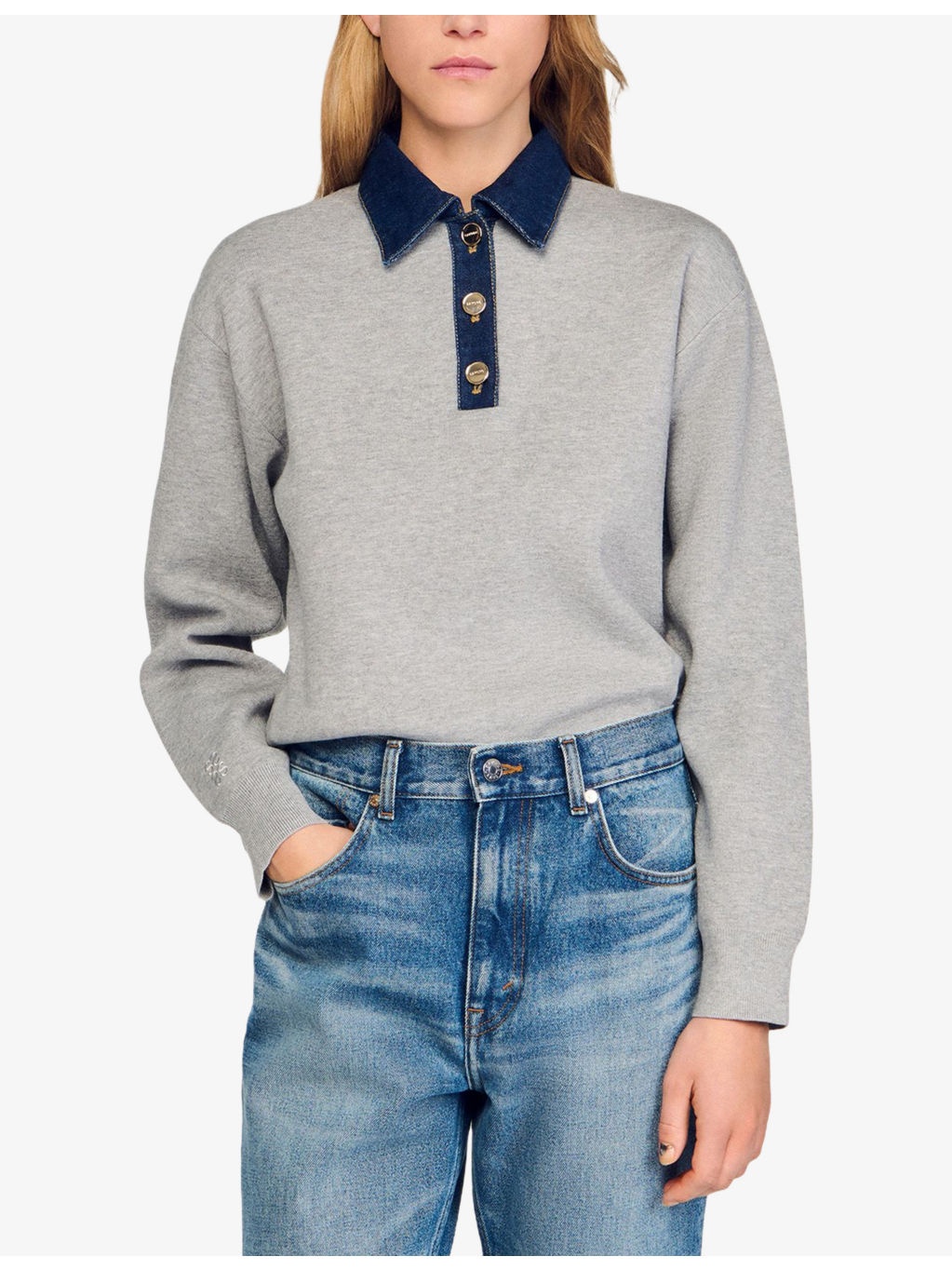 Denim button-down polo-collar knitted jumper - 3