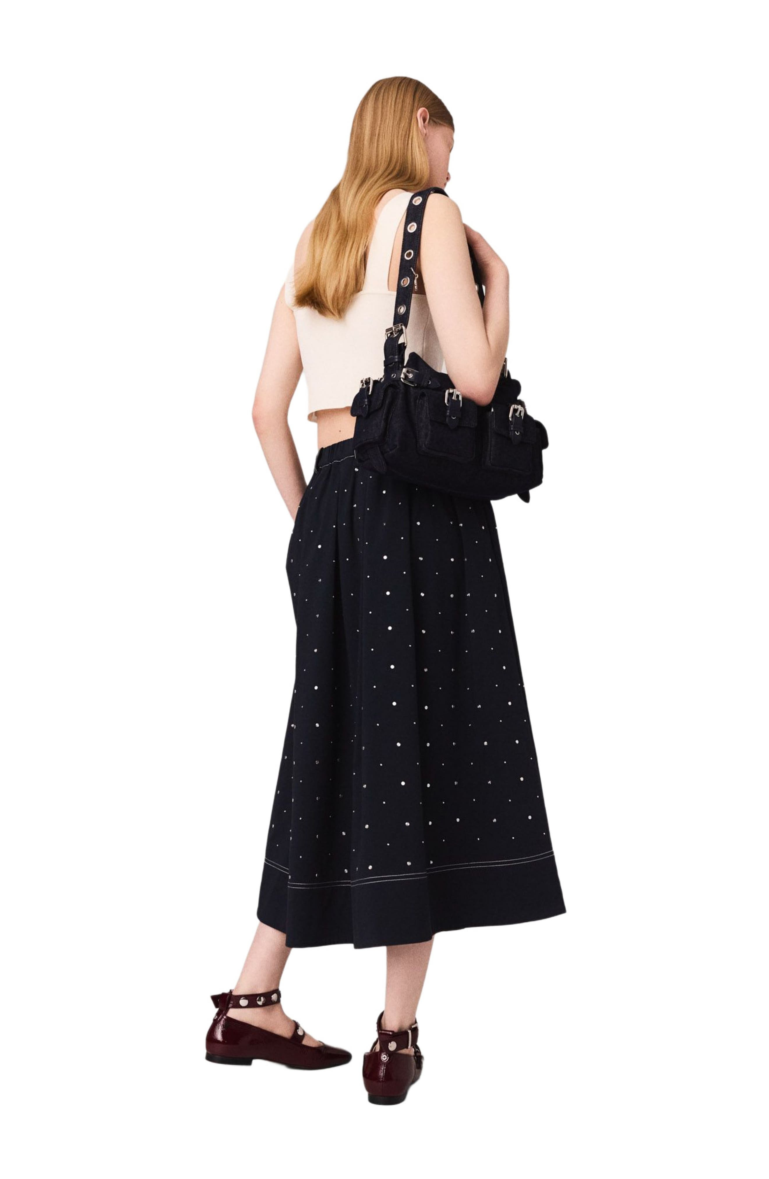maje Studded flared cotton skirt in Navy at Nordstrom - 3