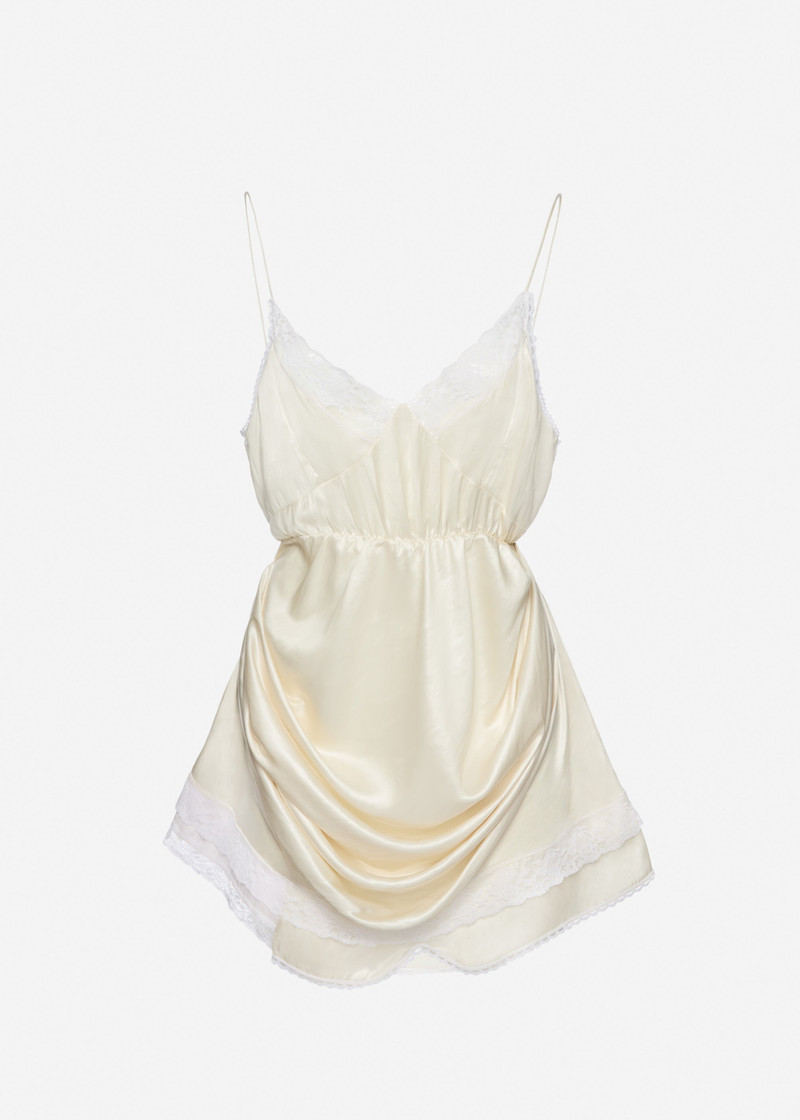 Draped lace-trim slip mini dress in cream 1