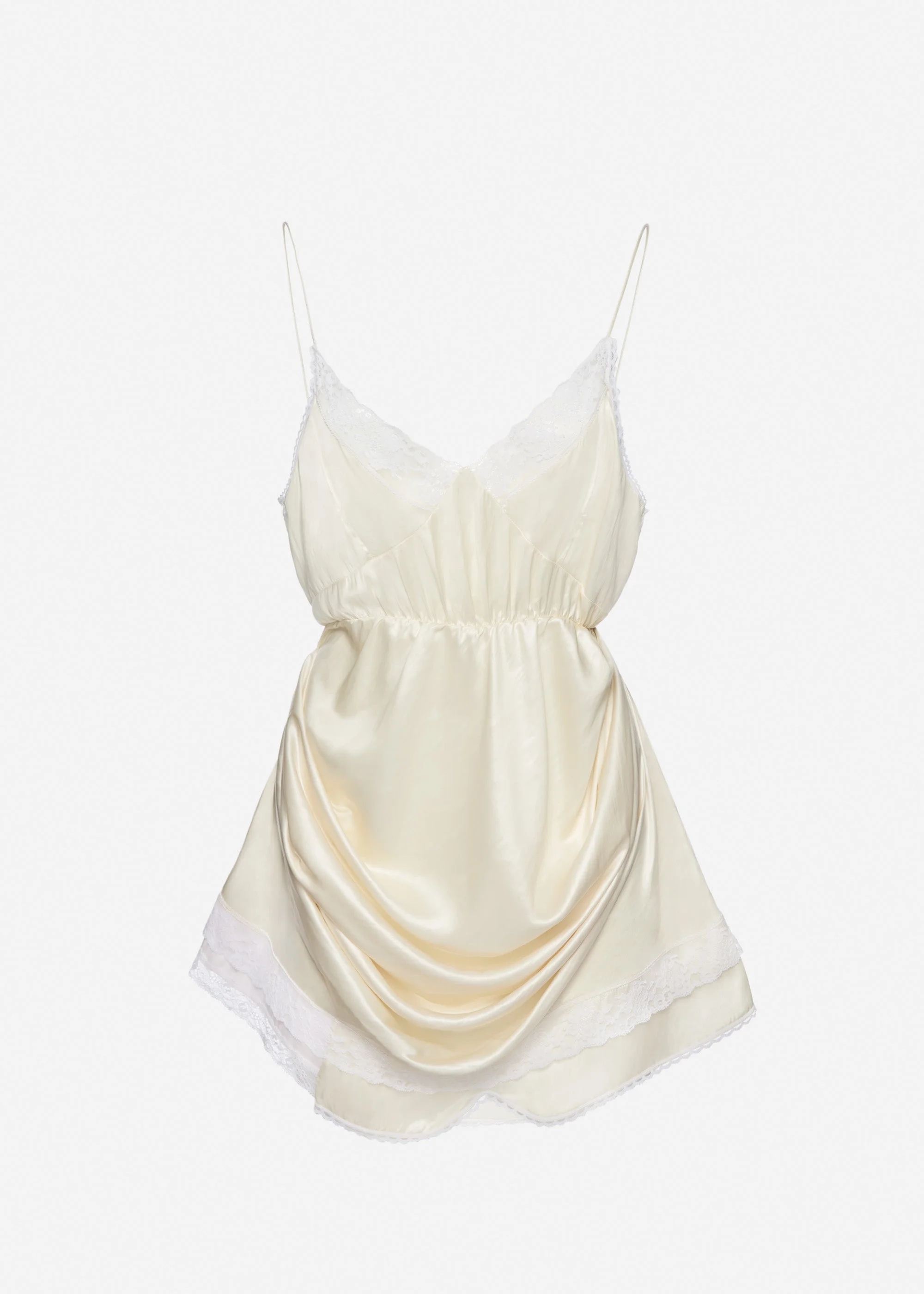 Draped lace-trim slip mini dress in cream - 1