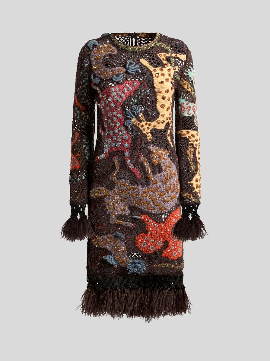 CROCHETED WOOL MINI DRESS WITH EMBROIDERY AND OSTRICH FEATHERS - 1