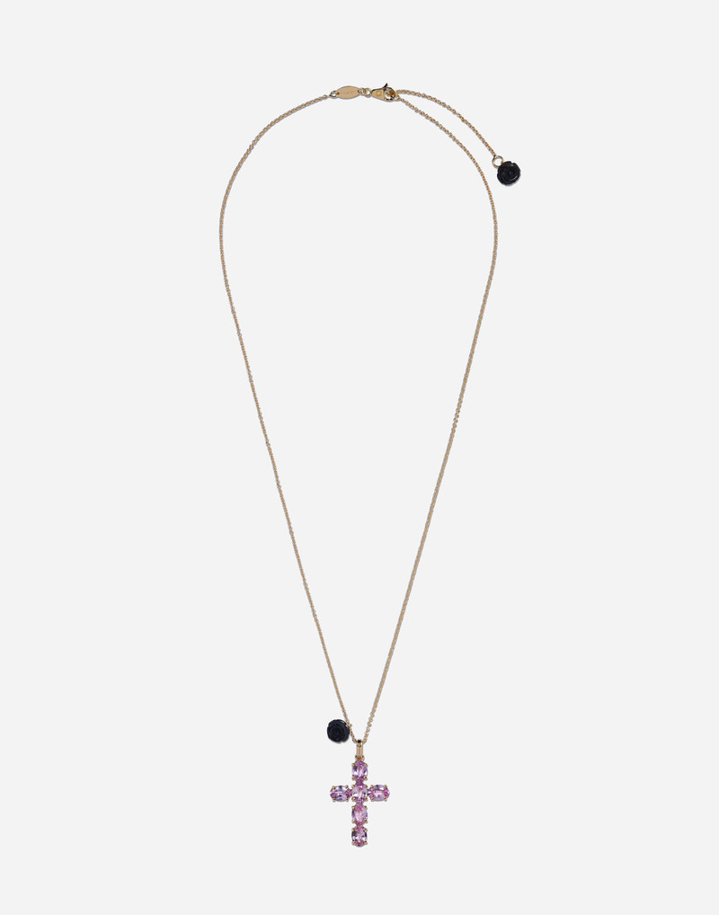 Family cross and rose pendants on yellow gold chain 1