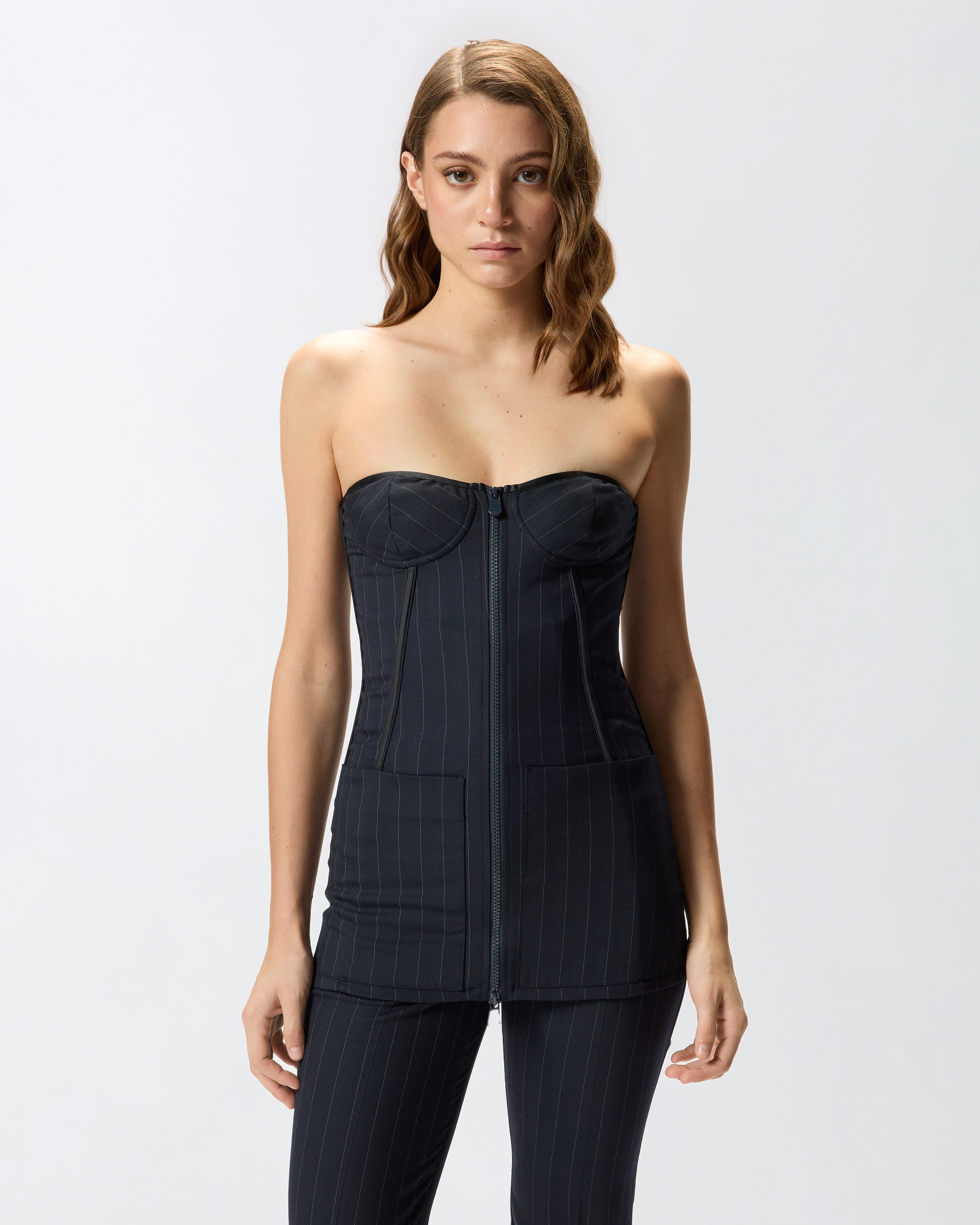 PINSTRIPE POLY WOOL BUSTIER TOP - 2