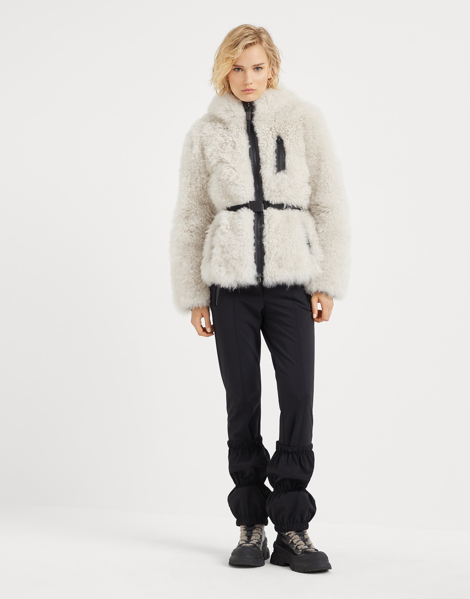 Plush cashmere shearling hooded and belted outerwear jacket with shiny zipper pull - 5
