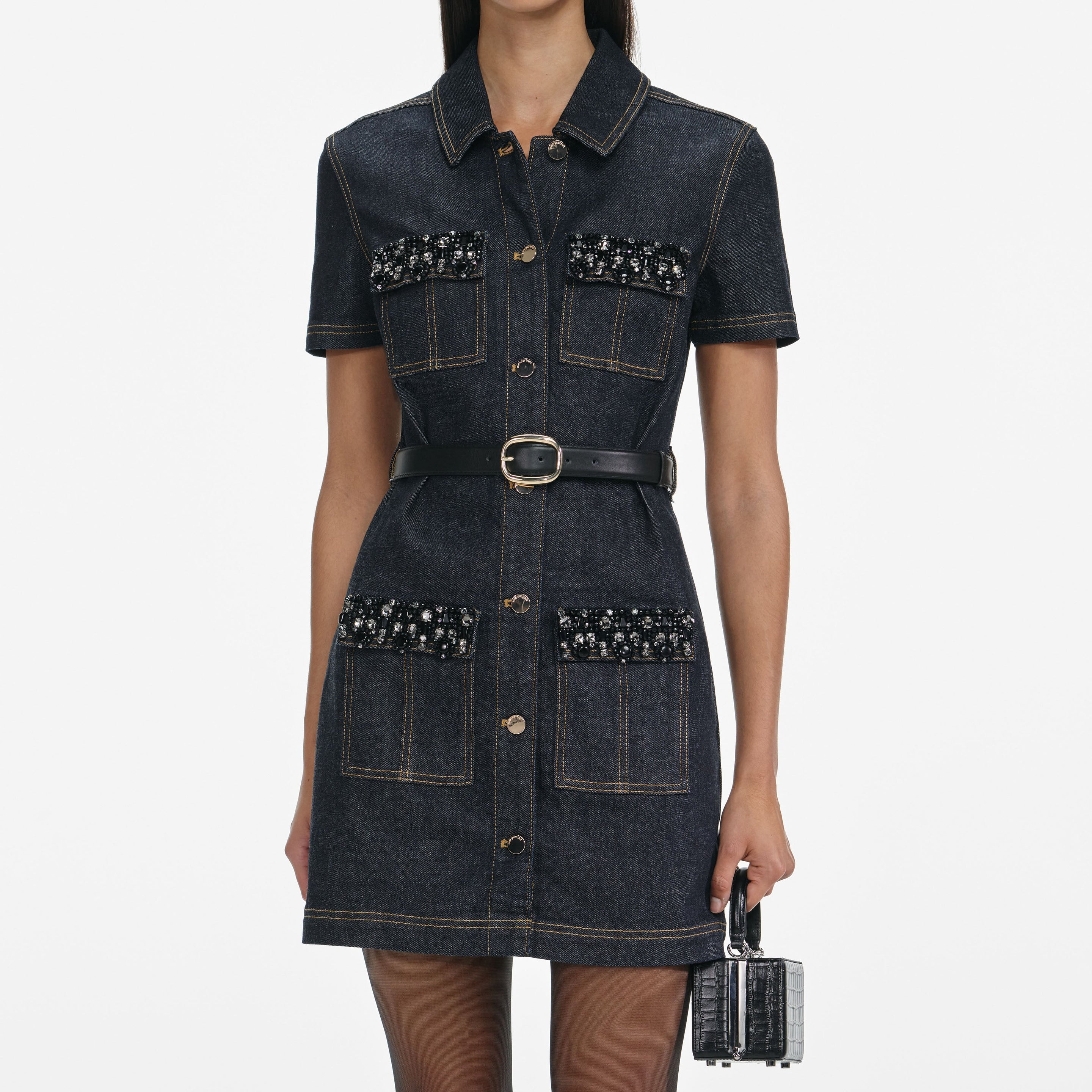 Indigo Denim Crystal Trim Mini Dress - 4