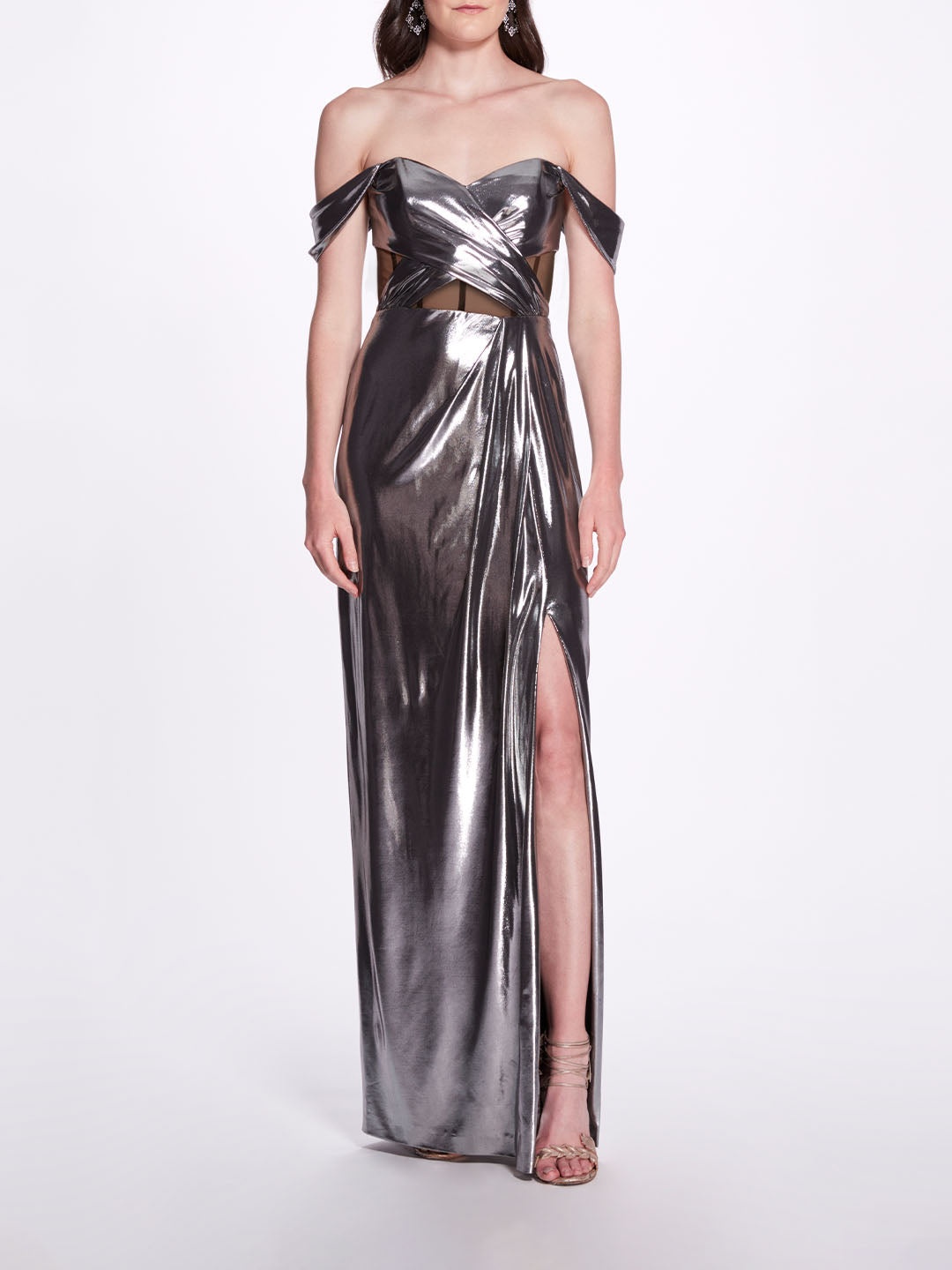 METALLIC CUTOUT OFF SHOULDER GOWN - 1