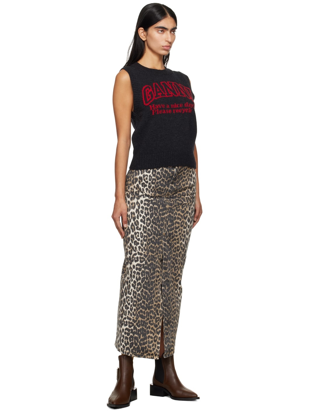 Black & Brown Slit Denim Maxi Skirt - 4