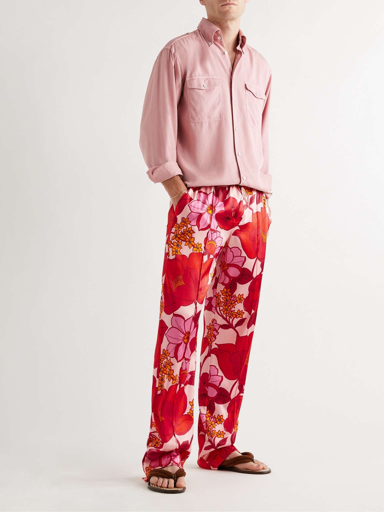 Velvet-Trimmed Printed Stretch-Silk Satin Pyjama Trousers - 2