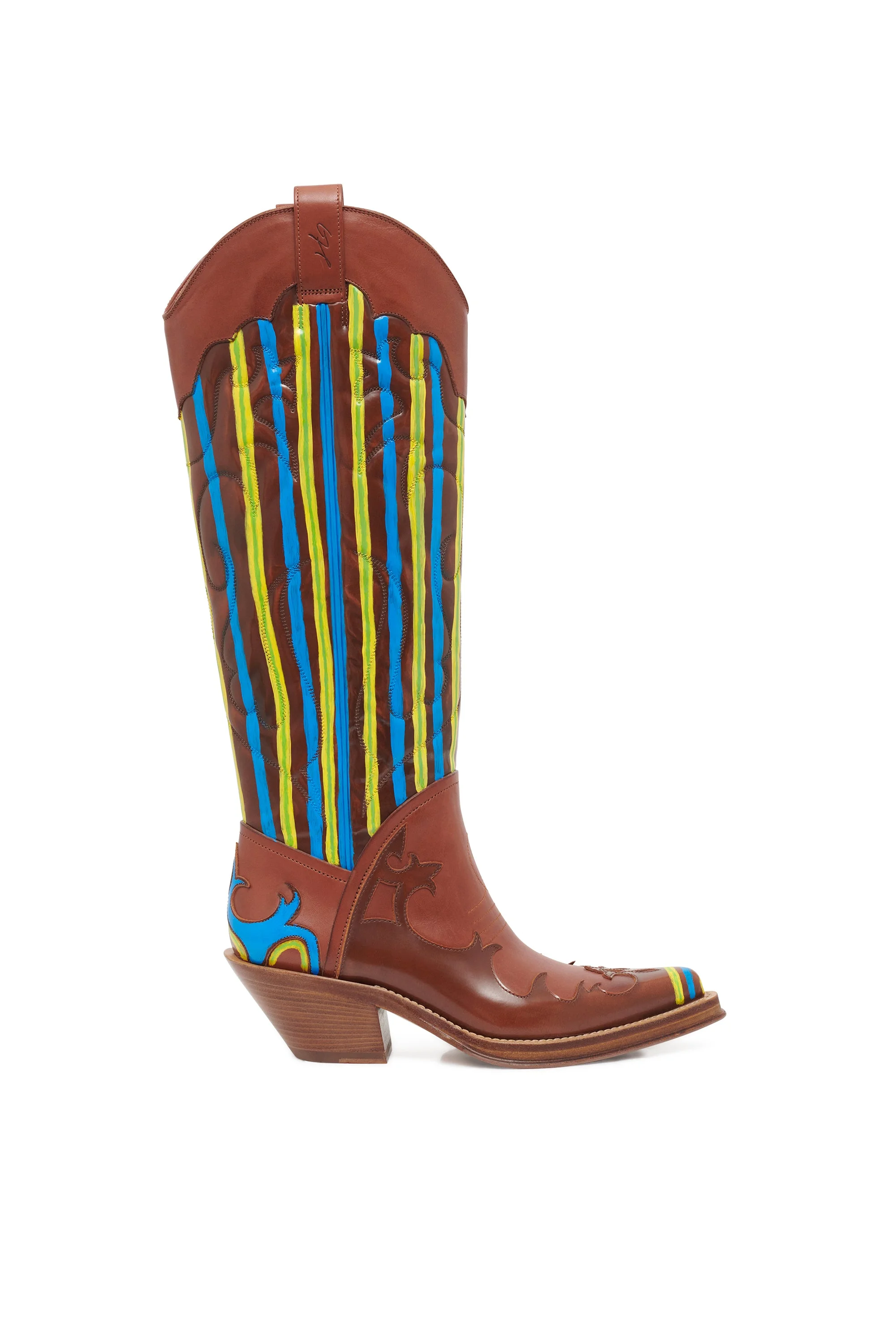 Hand Painted Capitana Cowboy Boot in Cognac, Blue & Yellow Leather - 1
