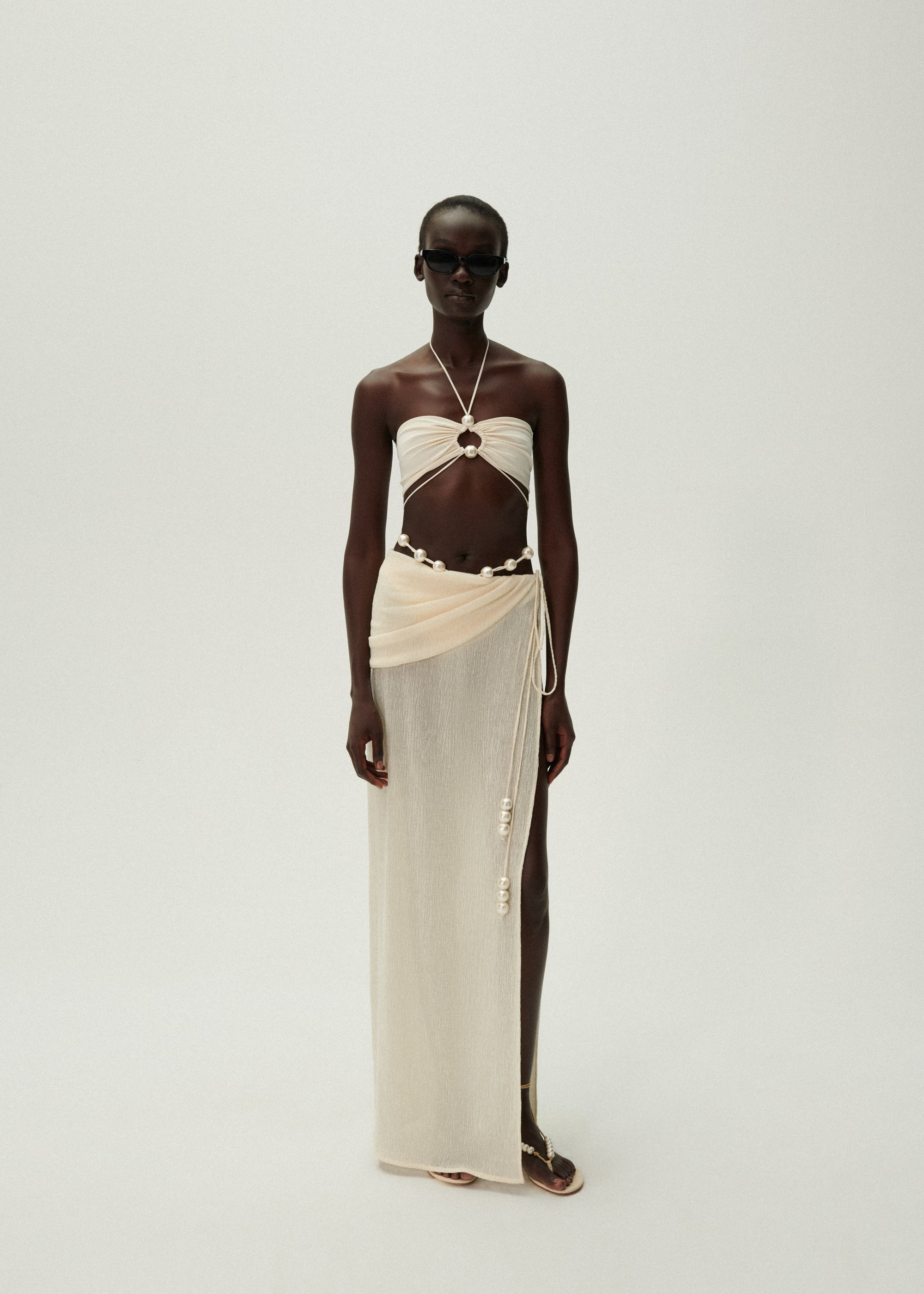 Halterneck pearl bandeau top in cream - 3