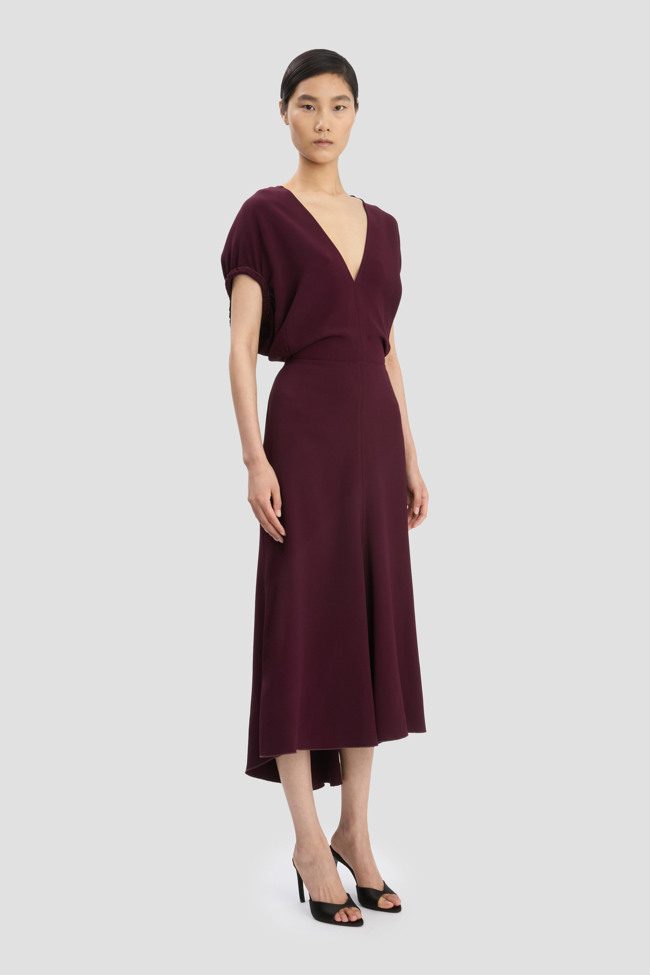 Blouson Detail Midi Dress In Merlot - 3