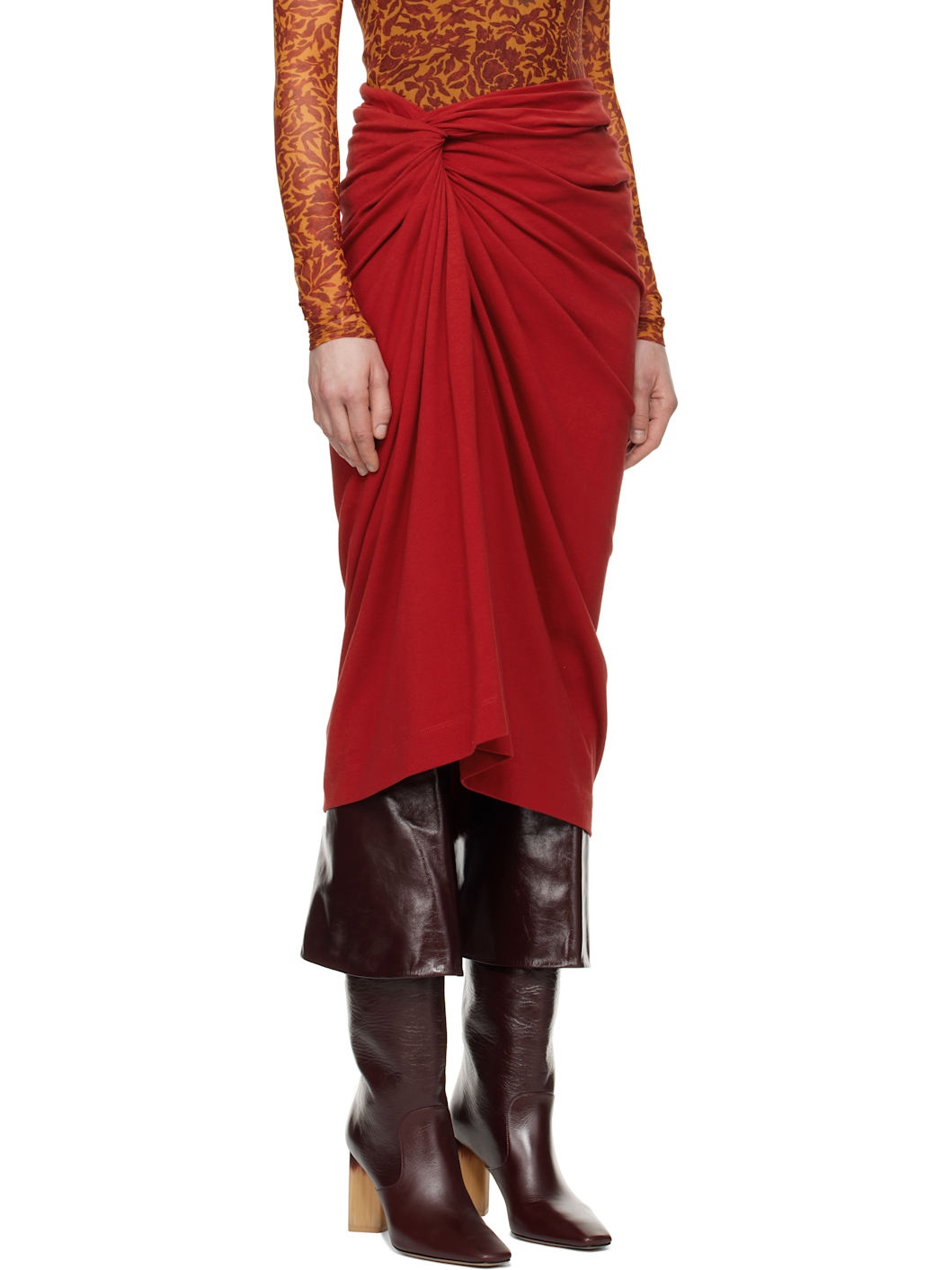 Red Knotted Jersey Midi Skirt - 2