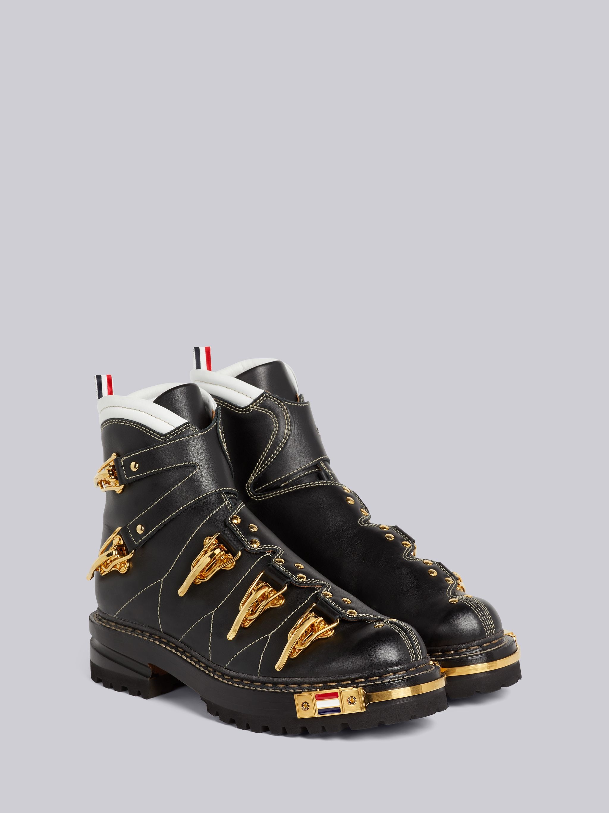 Black Vitello Calf Leather Brass Toe Stacked Sole Multi Buckle Ski Boot - 3