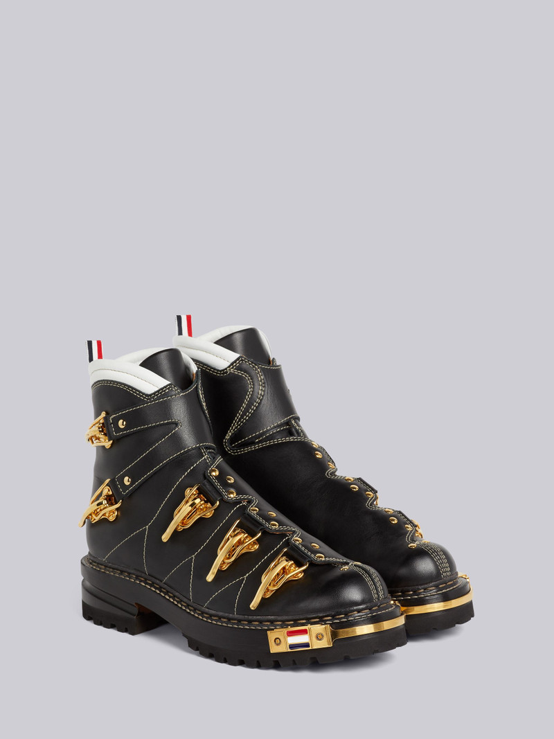 Black Vitello Calf Leather Brass Toe Stacked Sole Multi Buckle Ski Boot 3