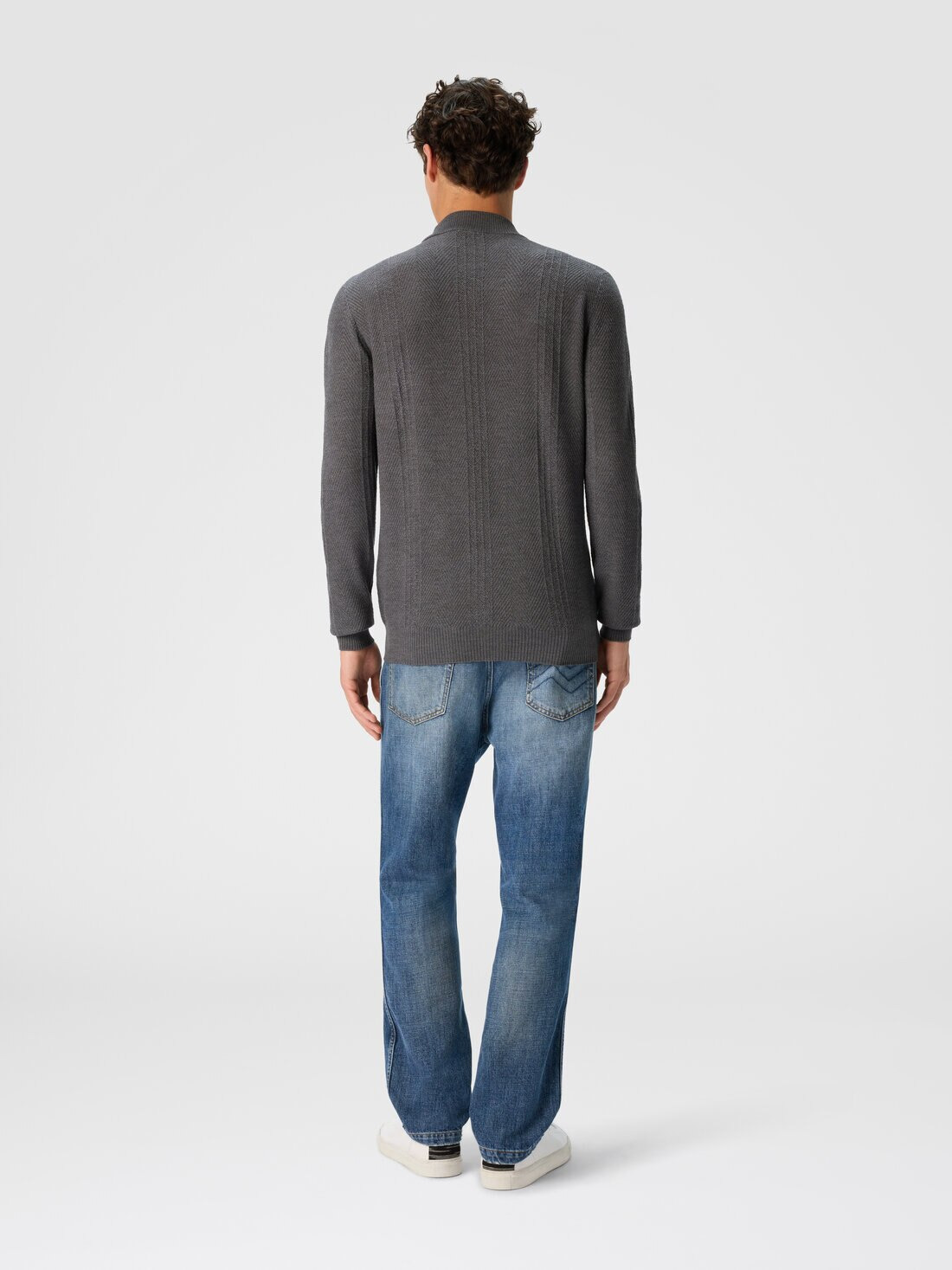 High-Neck Sweater with Tone-on-Tone Chevron Pattern - 3
