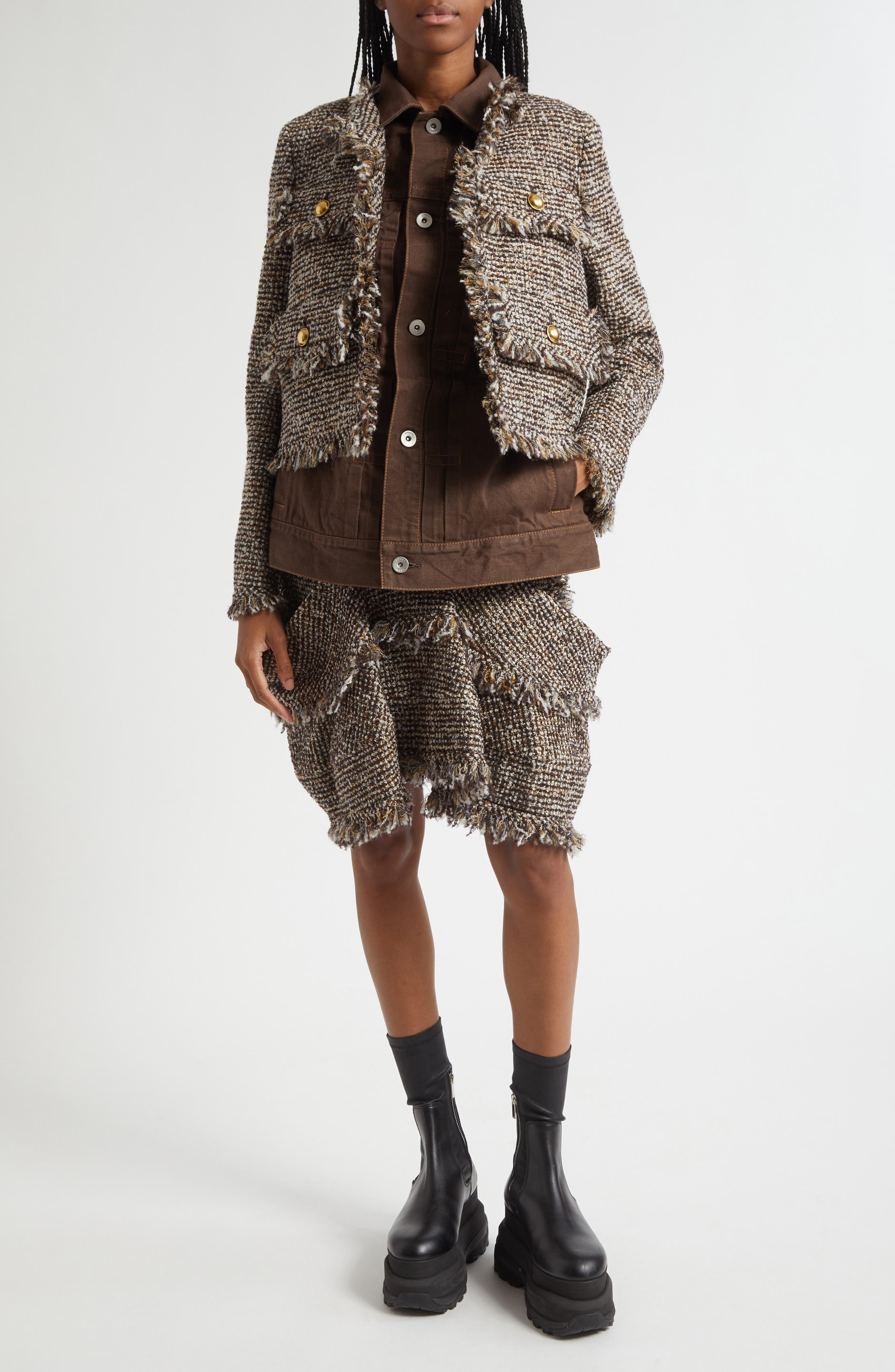 Sacai Tweed & Denim Layered Jacket in Brown at Nordstrom - 2