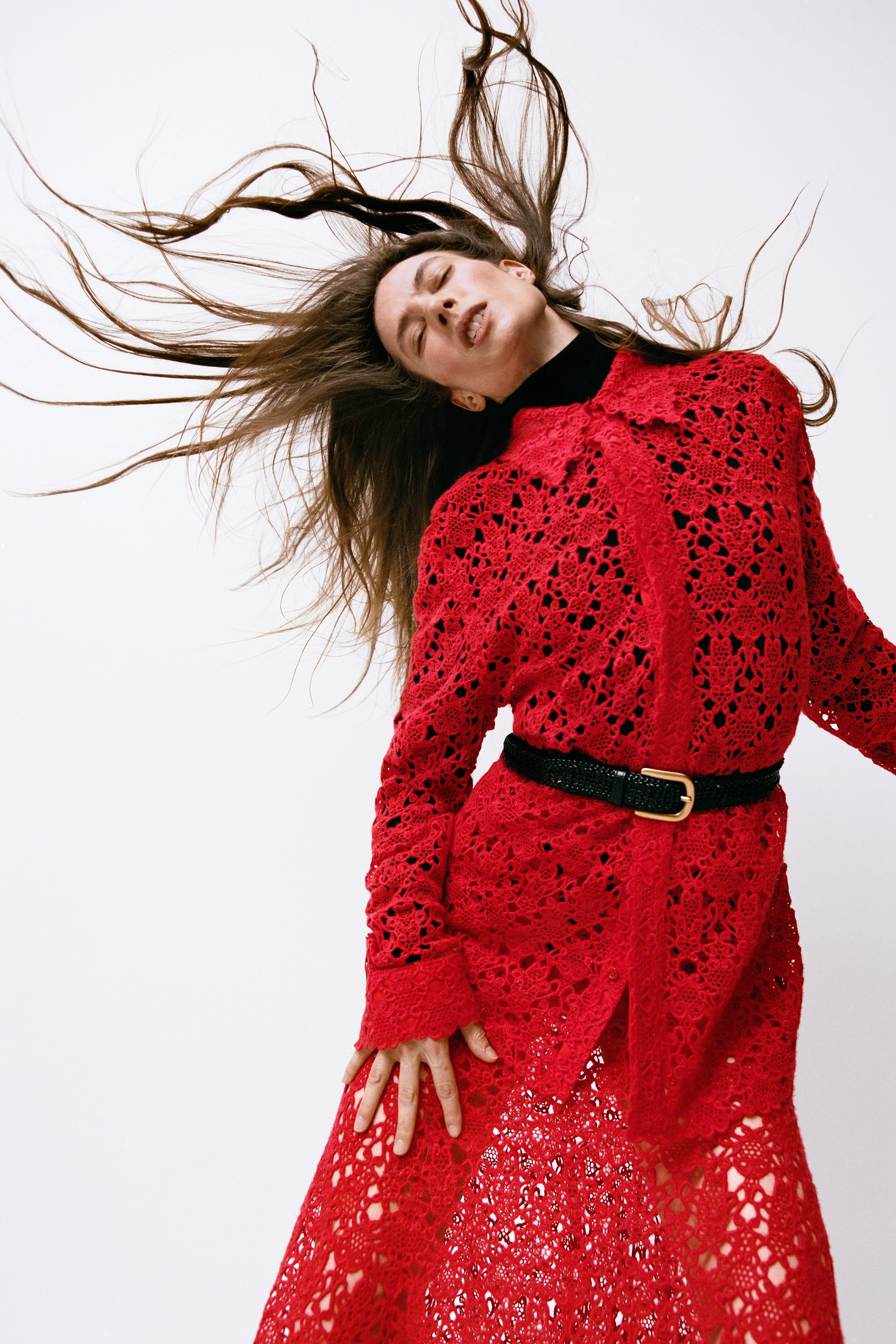 Cassia Shirt in Scarlet Red Cashmere Lace - 2