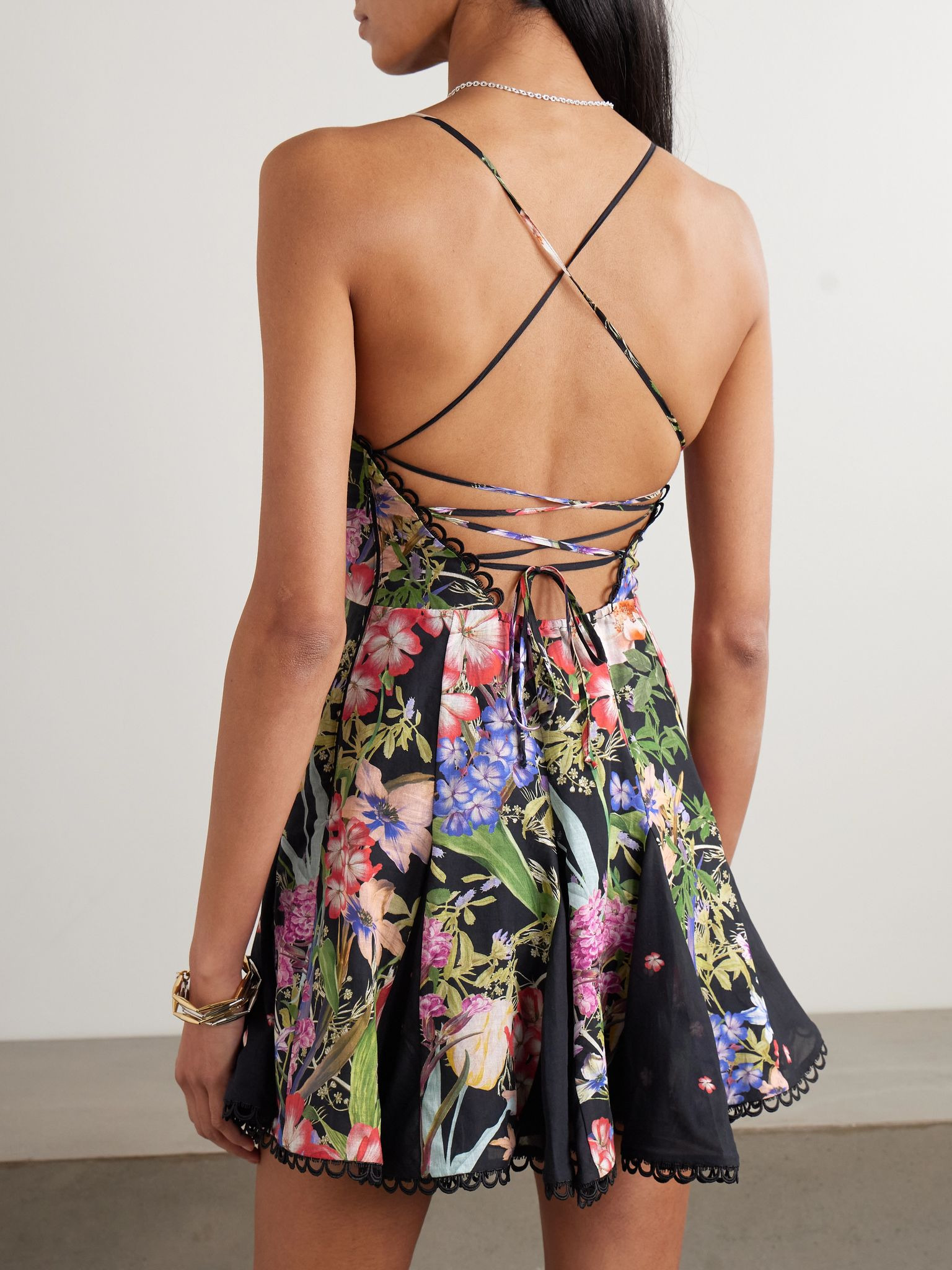 Marlene lace-up floral-print cotton-blend voile mini dress Black - 3