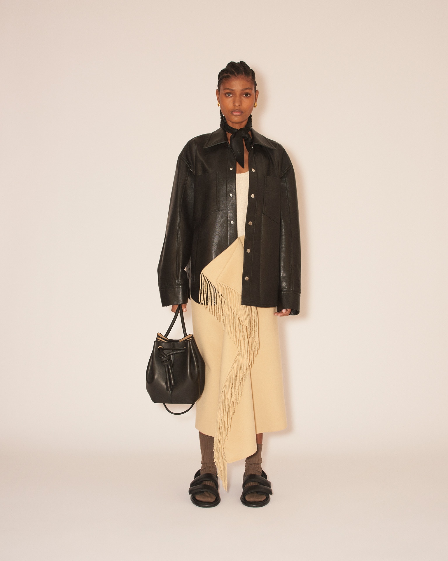 KIORA - Regenerated leather overshirt with contrast knitted collar - Black - 3