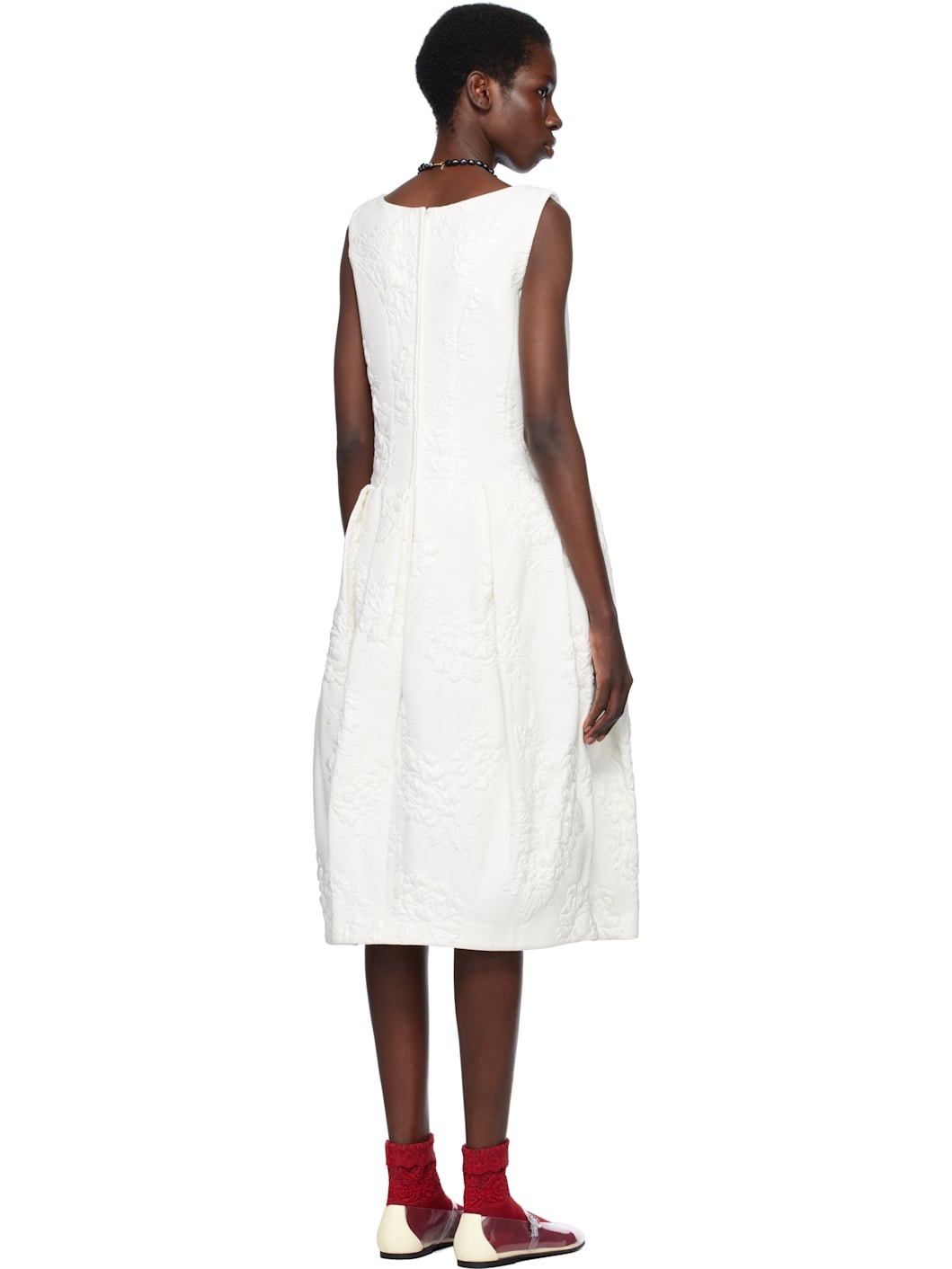 White Floating Jacquard Flower Pattern Midi Dress - 3