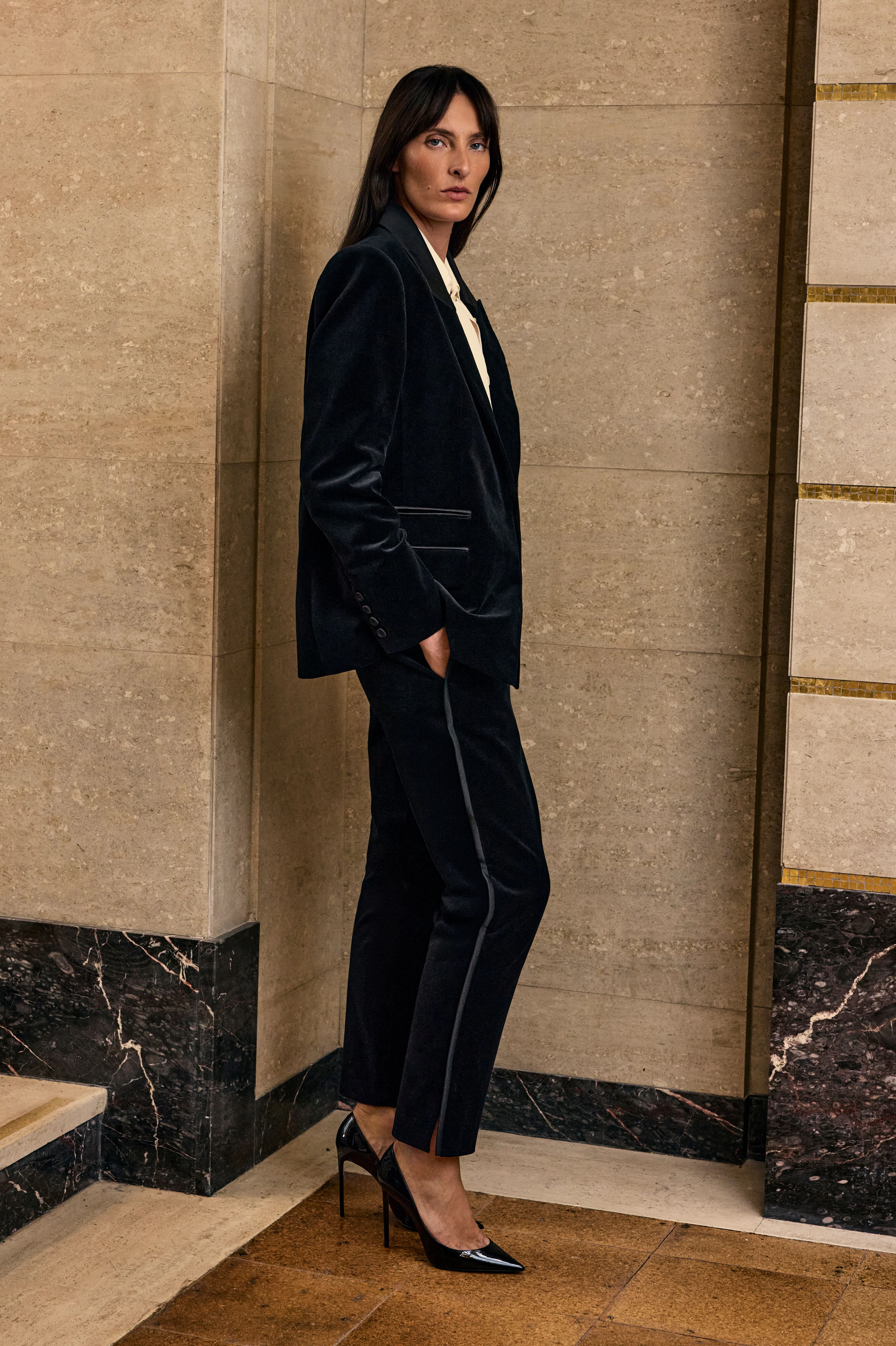 Harper's Bazaar Petite Velvet and Satin Mix Slim Leg Trouser - 1