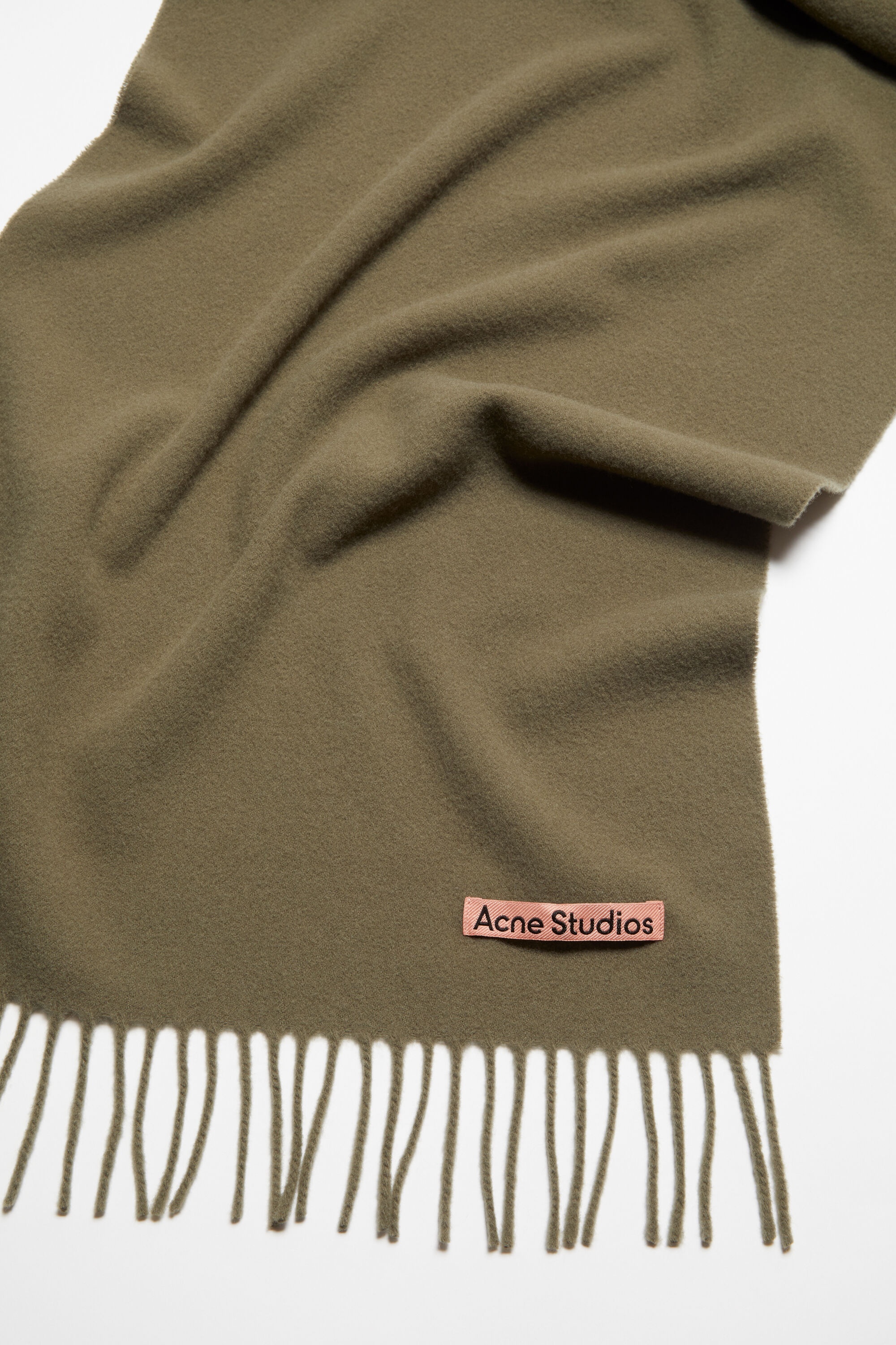 Fringe wool scarf - Narrow - Khaki green - 4