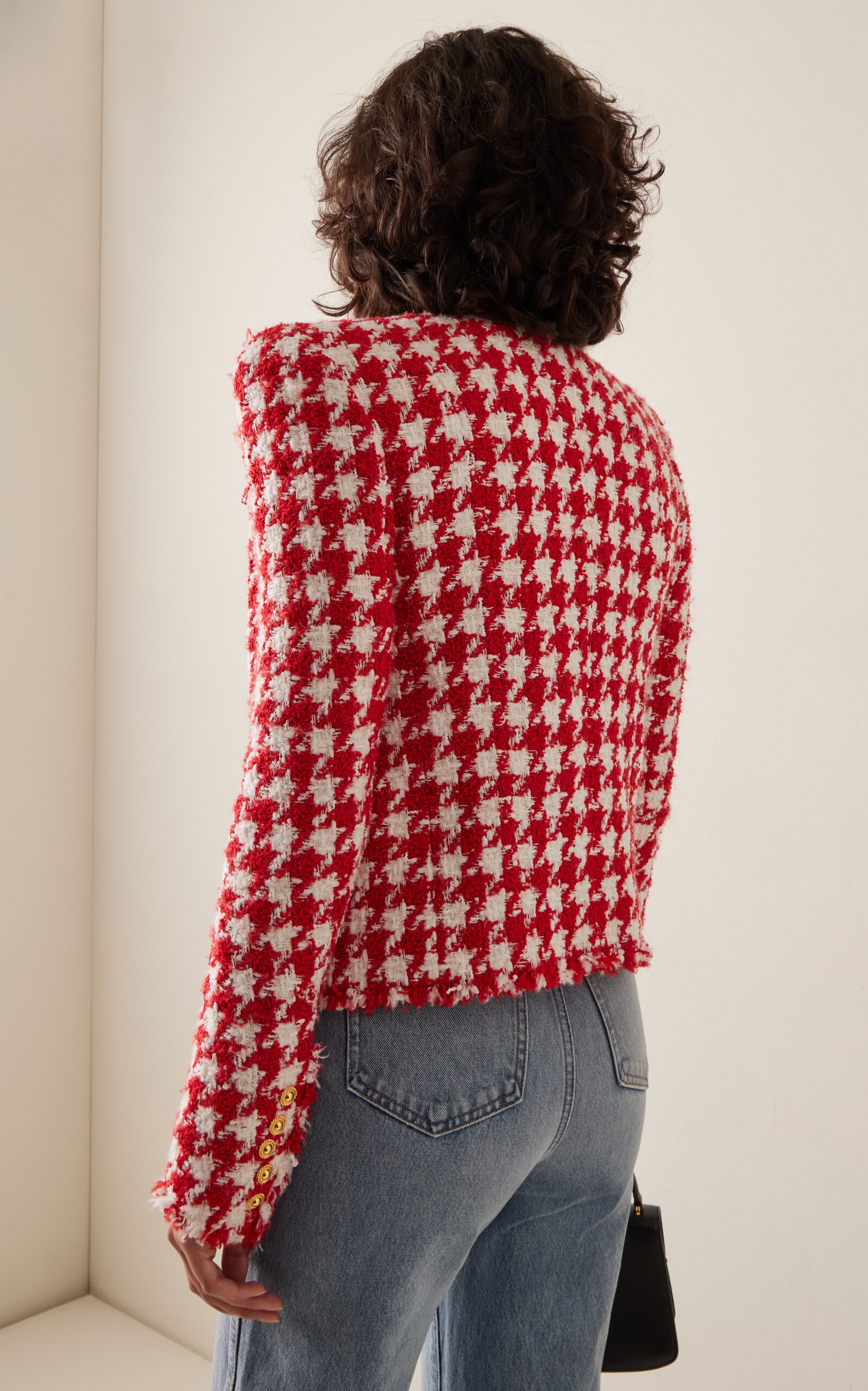 Collarless Houndstooth Tweed Jacket red - 4