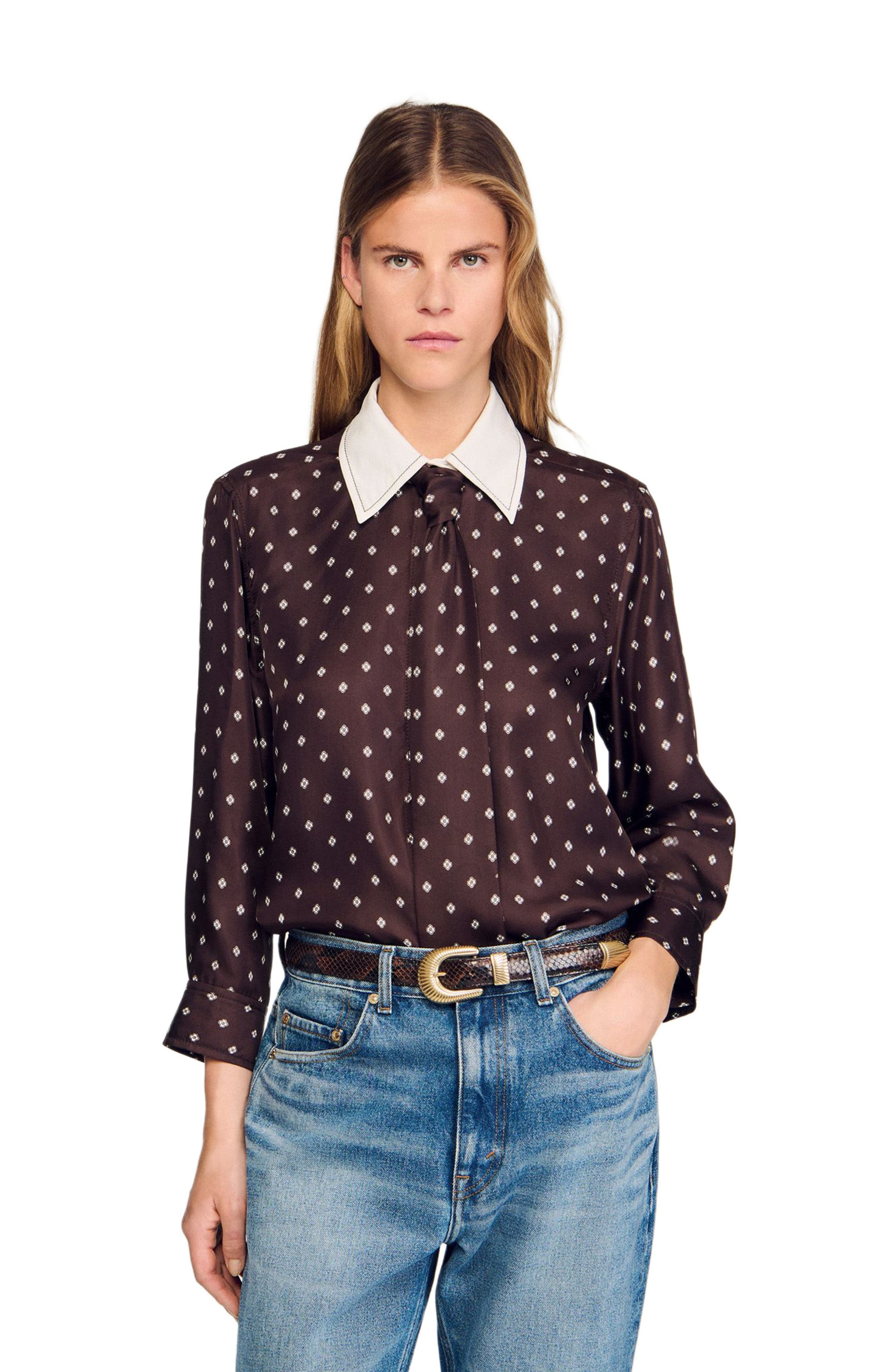 SANDRO Floaty tie print shirt in Brown /White at Nordstrom - 4