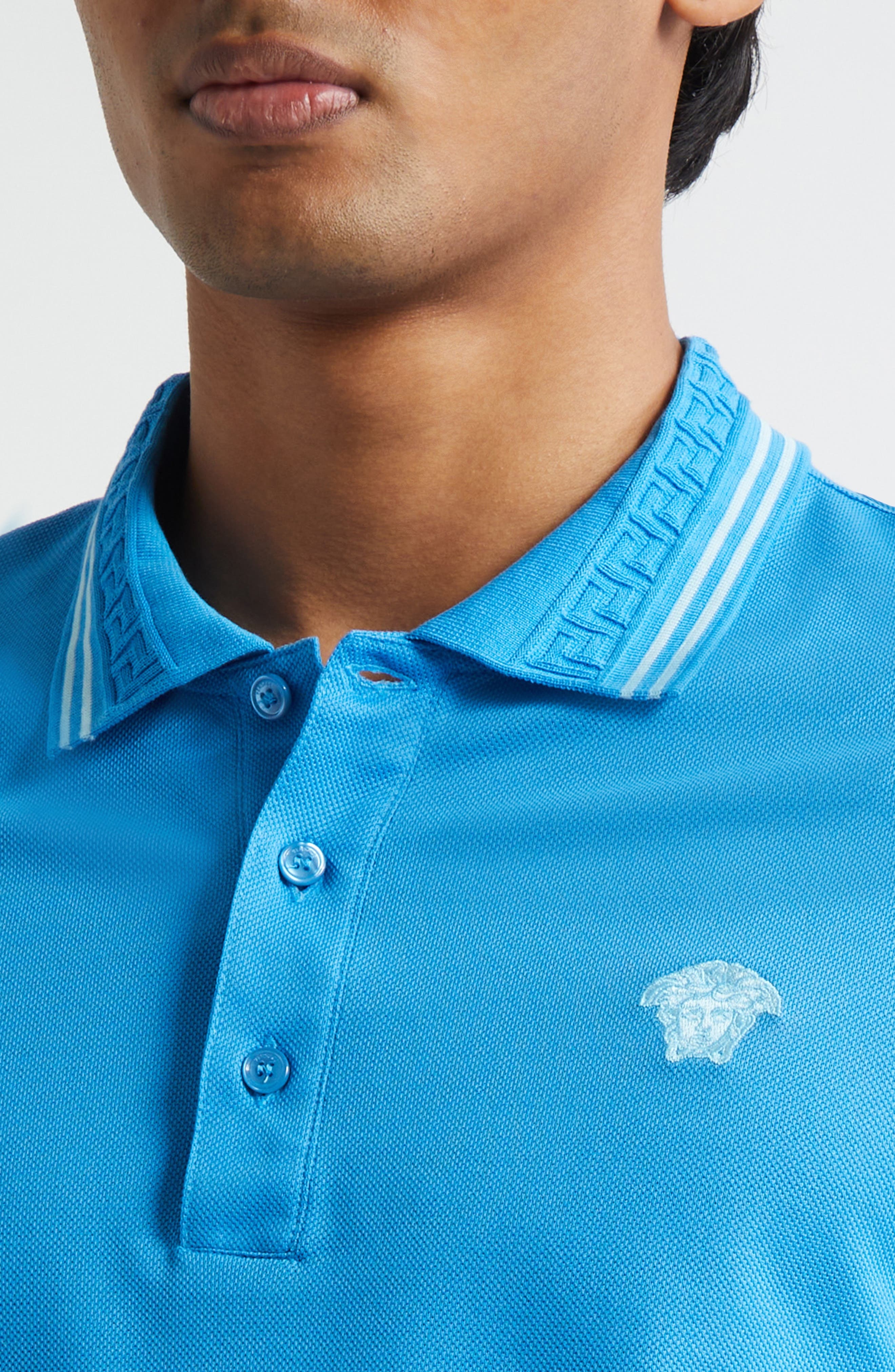 Versace Tipped Embroidered Medusa Cotton Piqué Polo in Bright Dv Blue at Nordstrom - 4