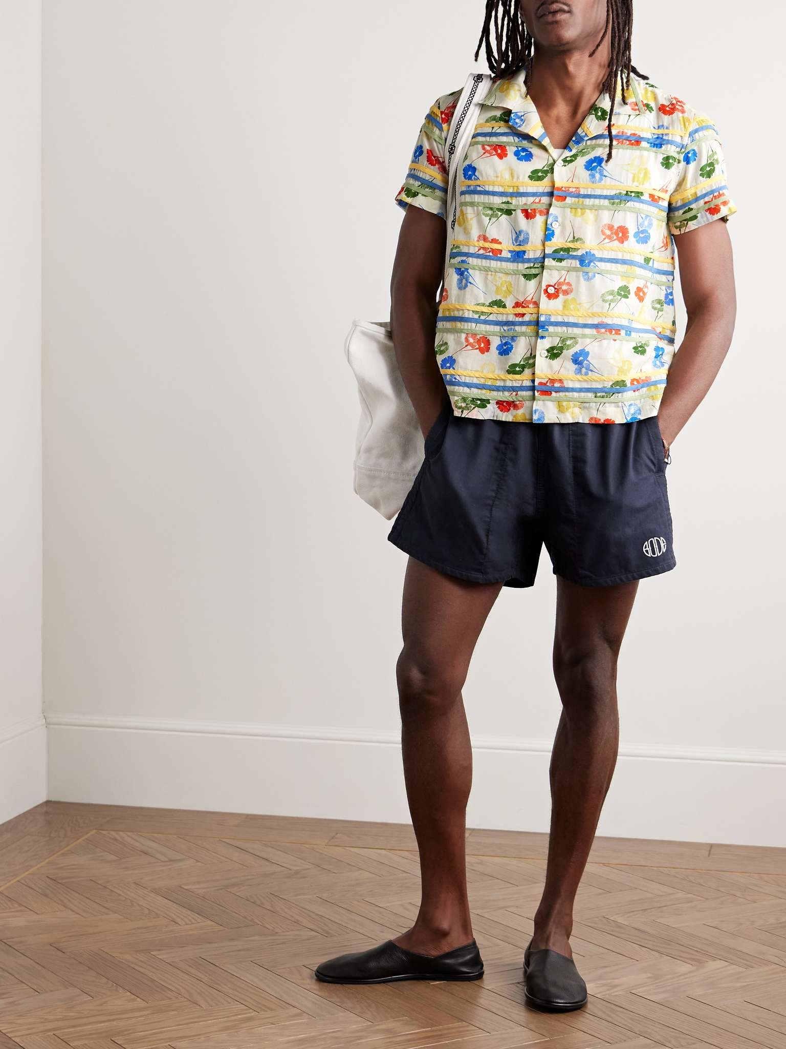 Flower Stamp Camp-Collar Appliquéd Printed Cotton-Gauze Shirt - 2
