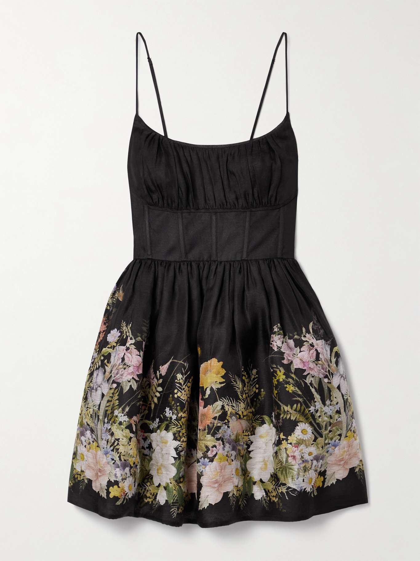Natura floral-print linen and silk-blend bustier mini dress - 1