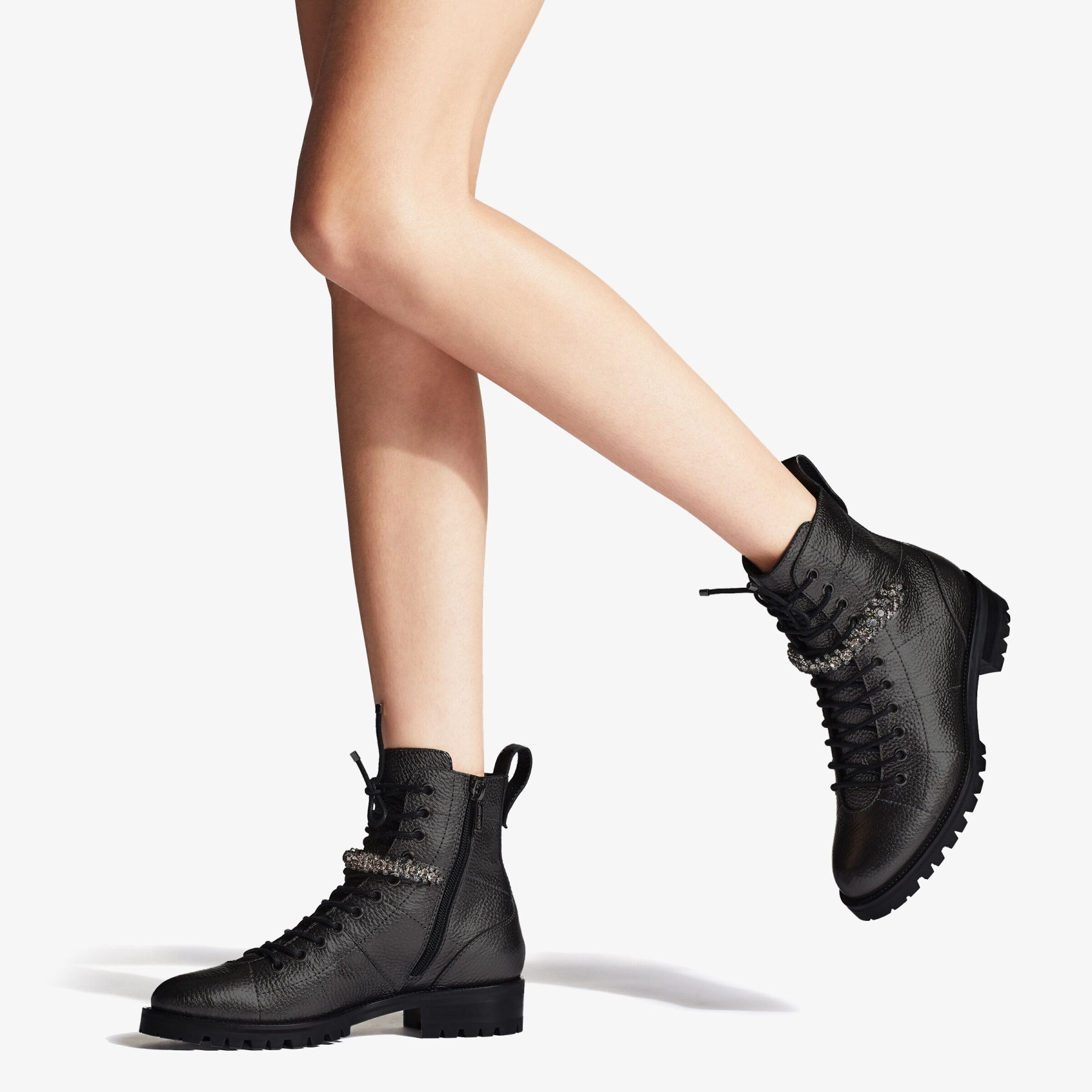 Cruz Flat
Black Grainy Leather Combat Boots with Crystal Detail - 2