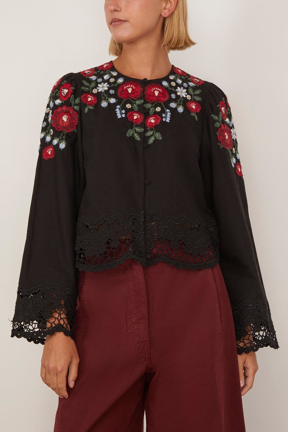 Rosaline Embroidery Long Sleeve Button Up Top in Black - 3