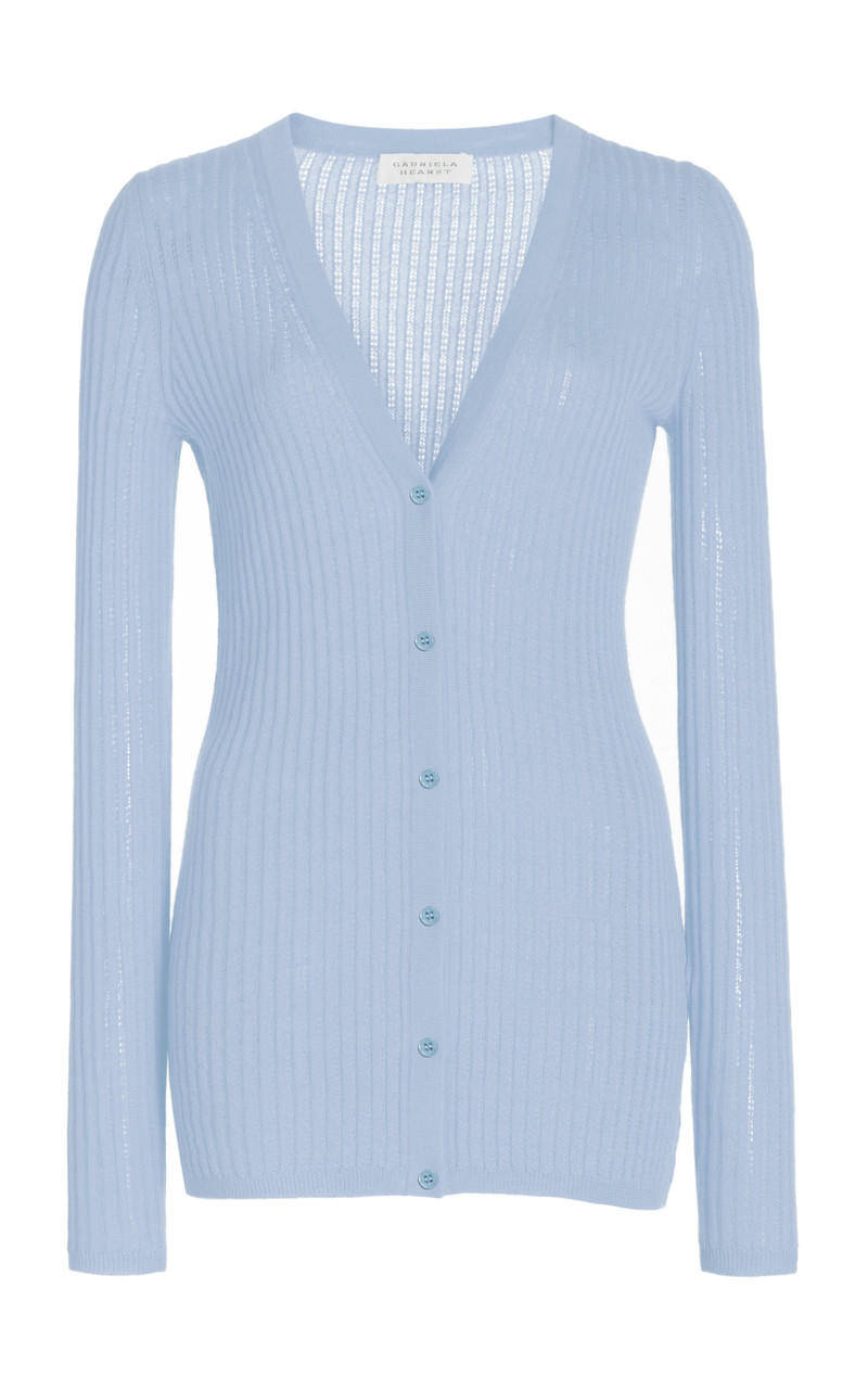 Homer Pointelle Knit Cardigan in Halogen Blue Cashmere Silk - 1