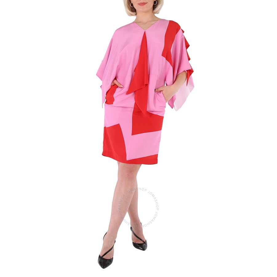 Burberry Ladies Primrose Pink Geometric Print Silk Crepe De Chine Cape Sleeve Dress - 4
