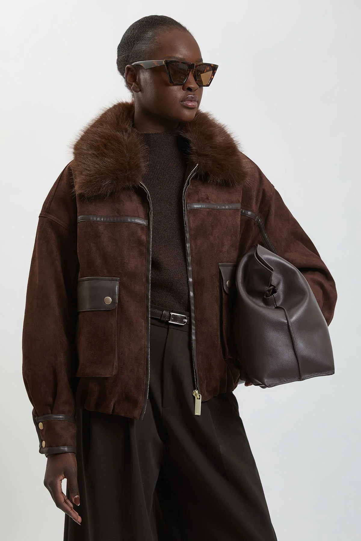 Faux Leather Mix Short Bomber Jacket - 1