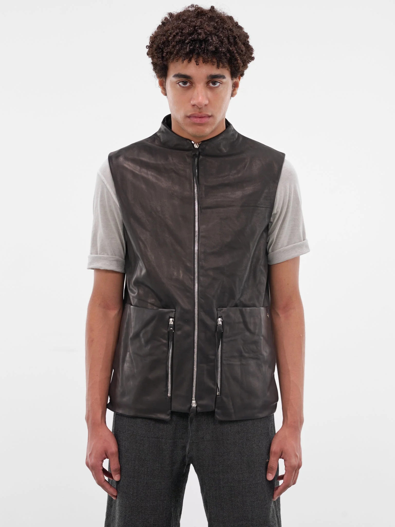 Black Leather 6-Pocket Zip Vest - 1
