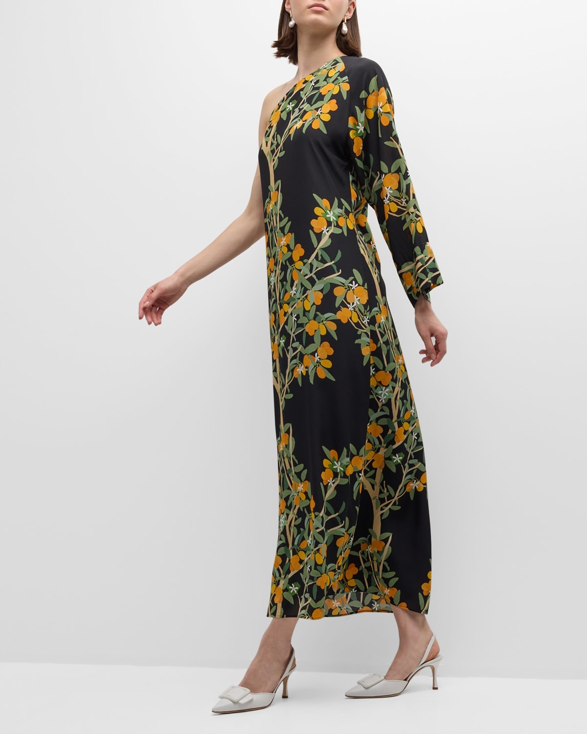 Lola One-Shoulder Kumquat Print Midi Dress - 7