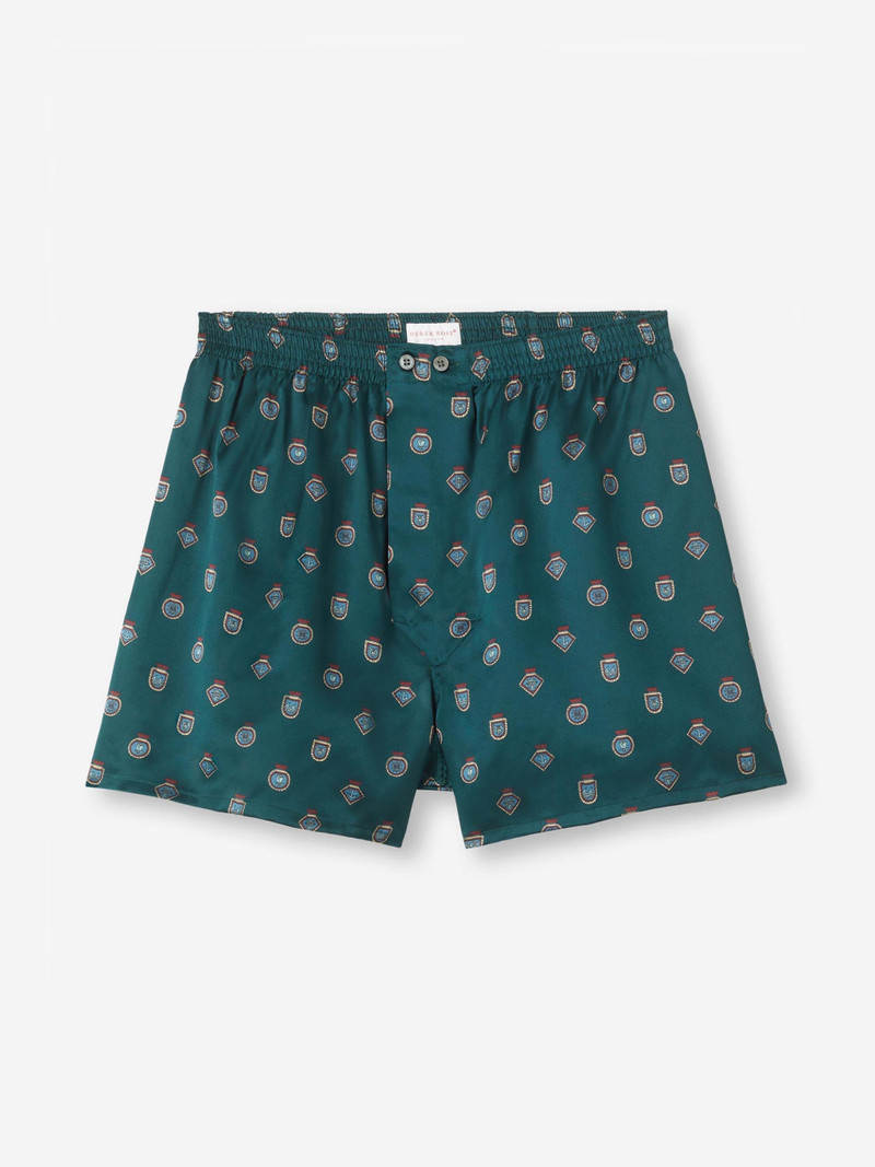 Derek Rose Men's Classic Fit Boxers Silk Satin Green Badge Print outlook