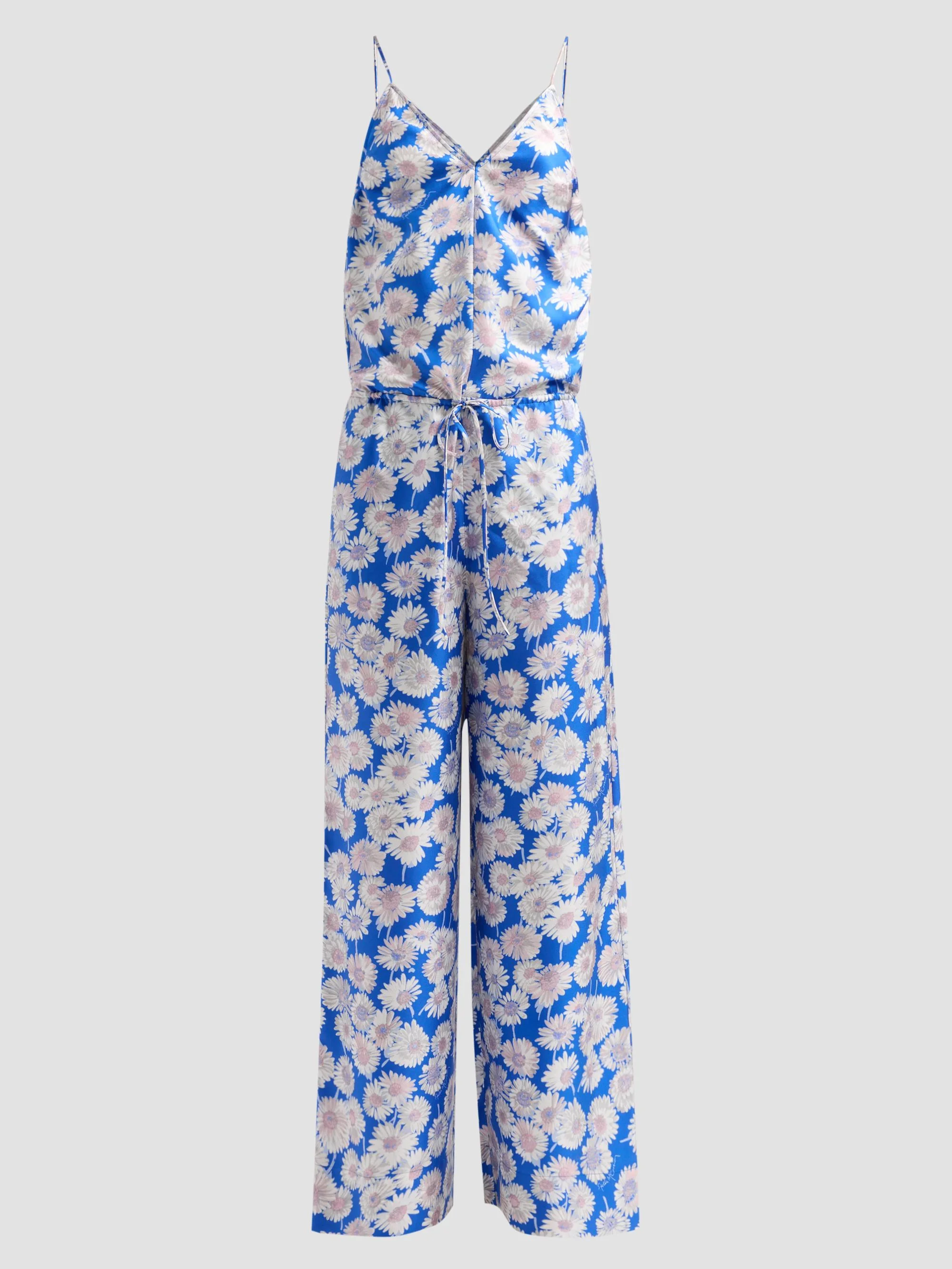 Women's Daisy-Print Silk Jumpsuit - Cobalt - 1