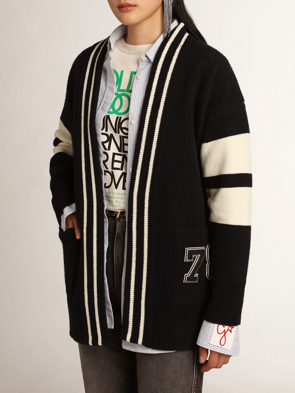 Women's blue cardigan with belt at the waist and lettering on the back - 3
