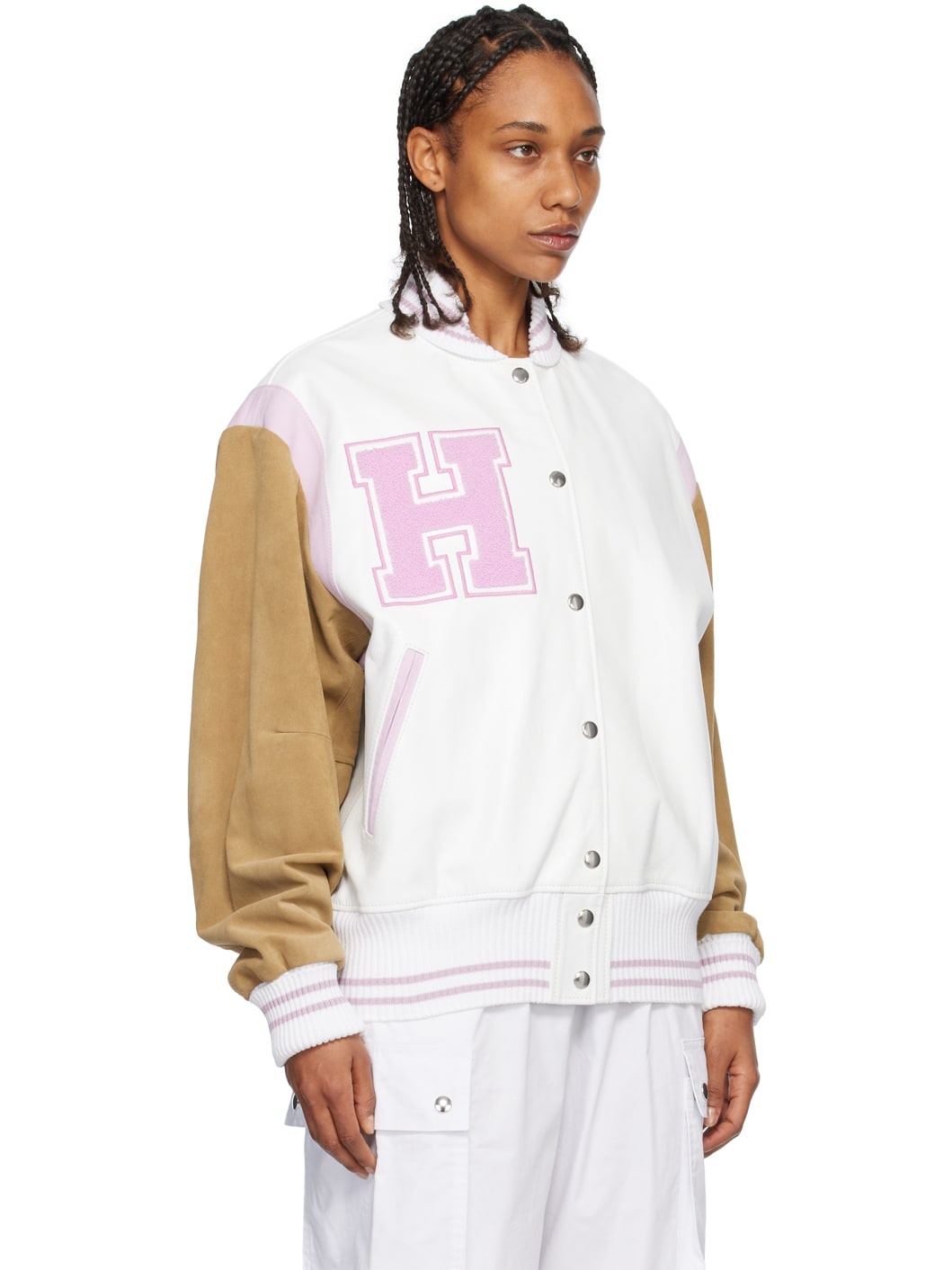 White & Pink Paneled Bomber Jacket - 2