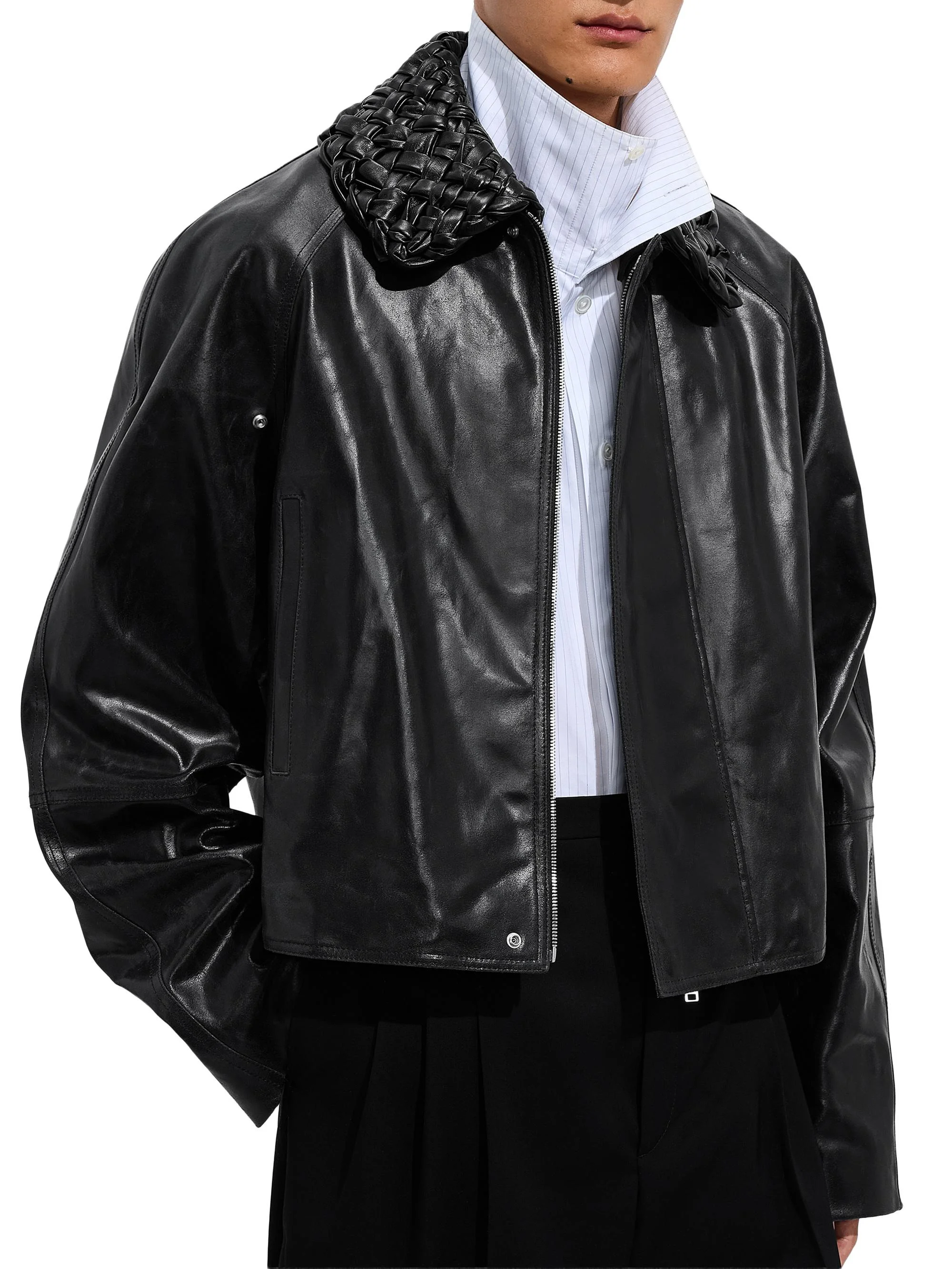 Men's Crackled Intrecciato Collar Leather Jacket - Black - 1