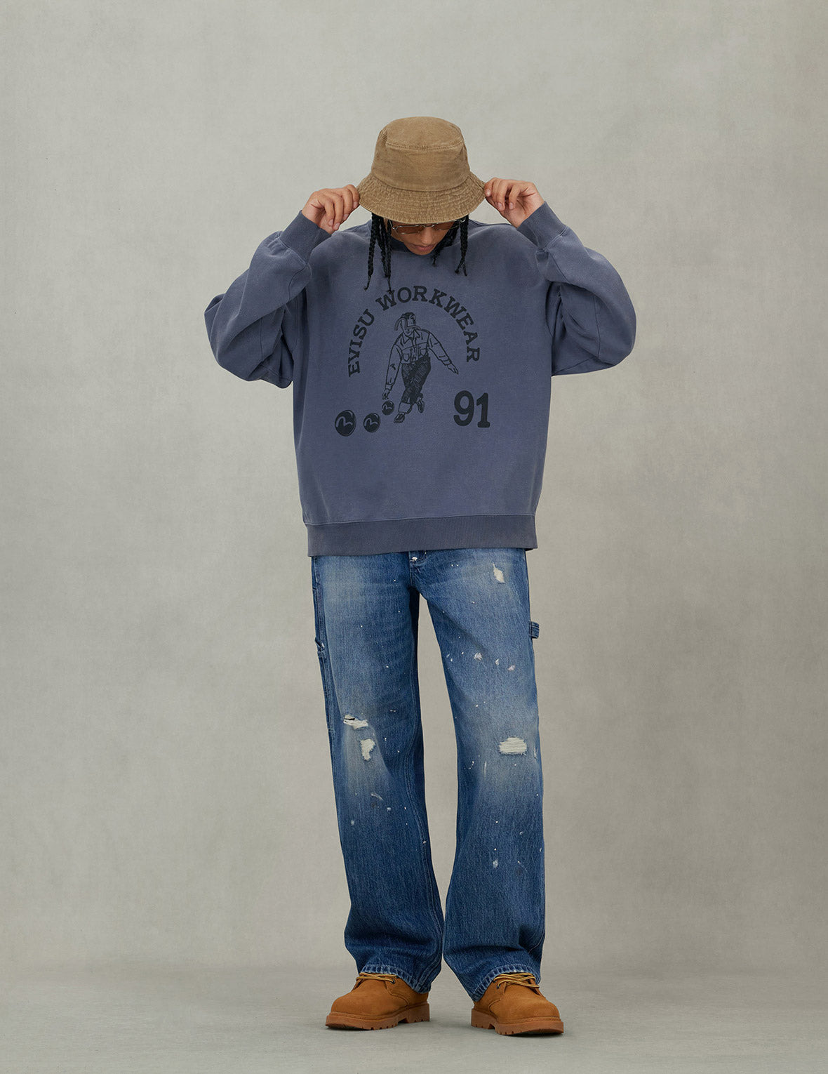 Washed and Distressed Daicock Print Relax Fit Jeans - 5