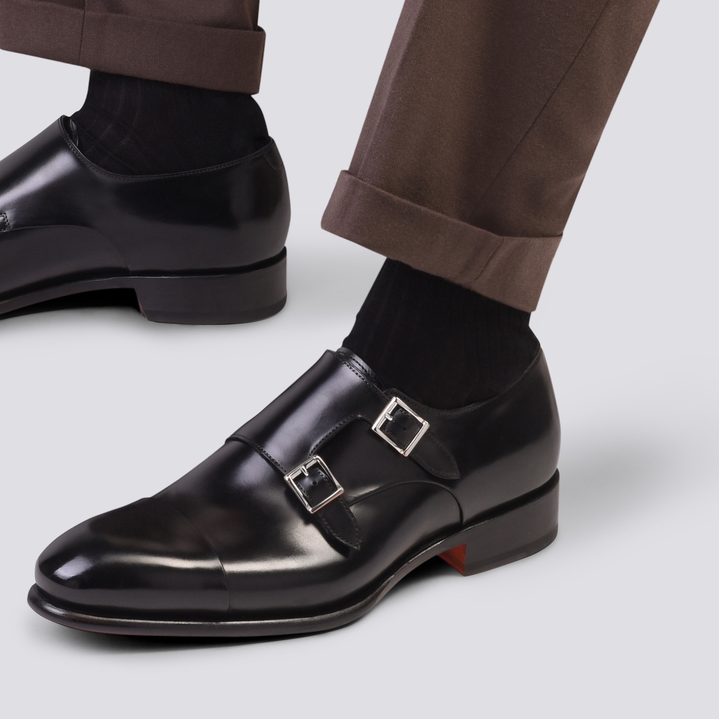 Men's polished black leather double-buckle shoe - 2