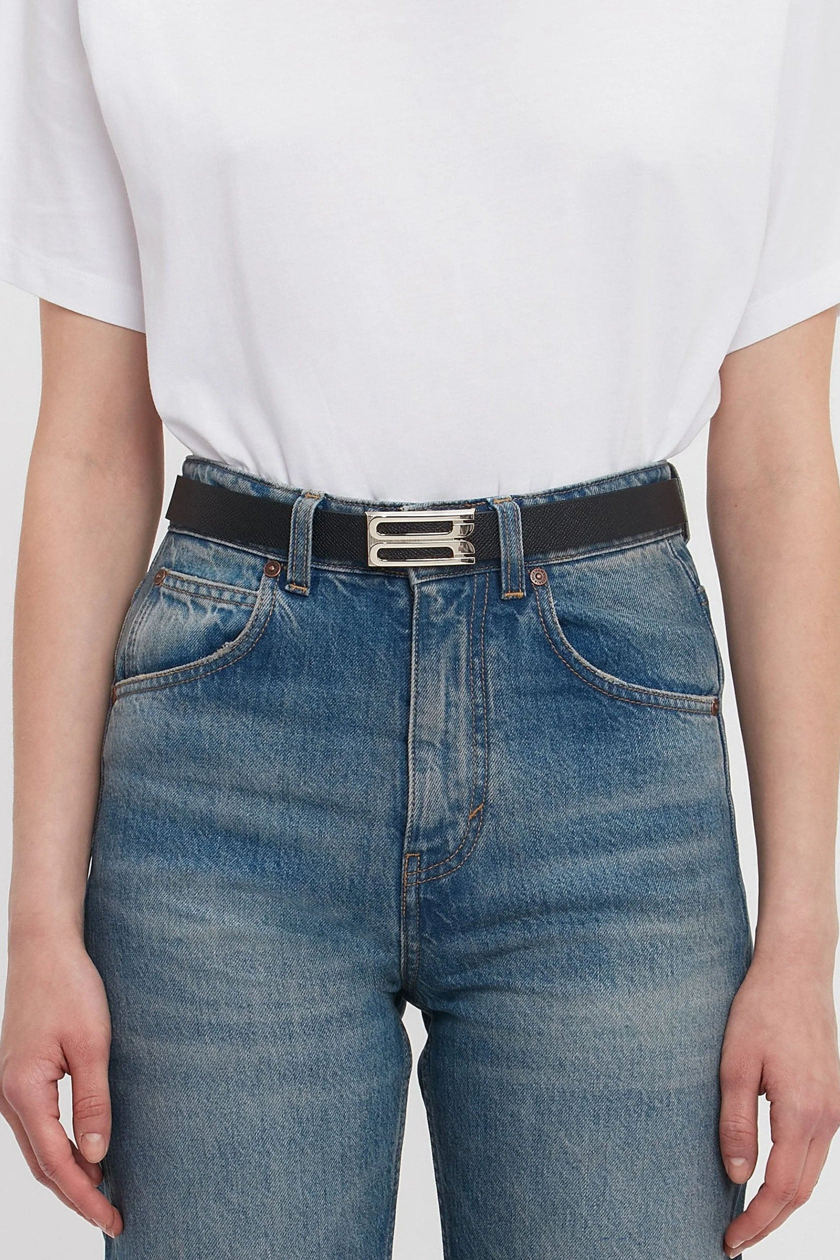 Silver Buckle Frame Belt In Black Grained Leather - 2