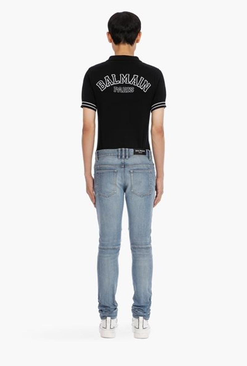 Slim-cut ripped blue cotton jeans with synthetic leather panels 3