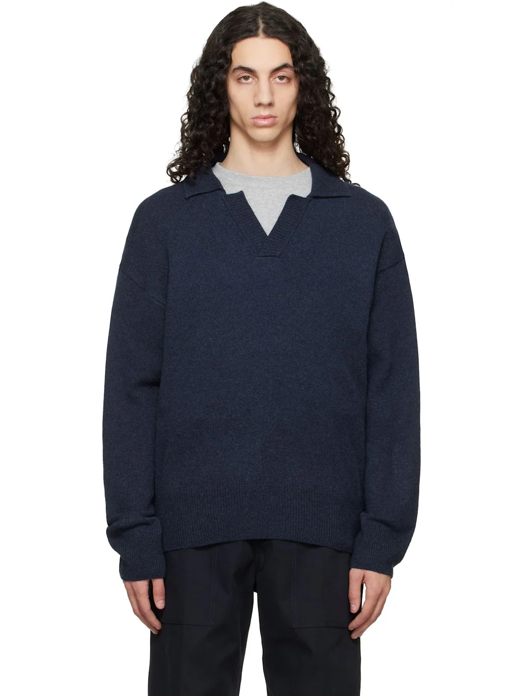 Navy Johnny-Collar Virgin Wool Polo - 1