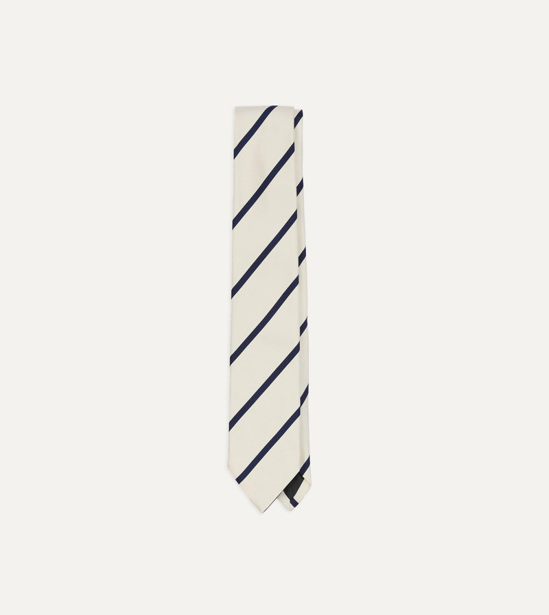 White and Navy Bar Stripe Repp Silk Tipped Tie - 1