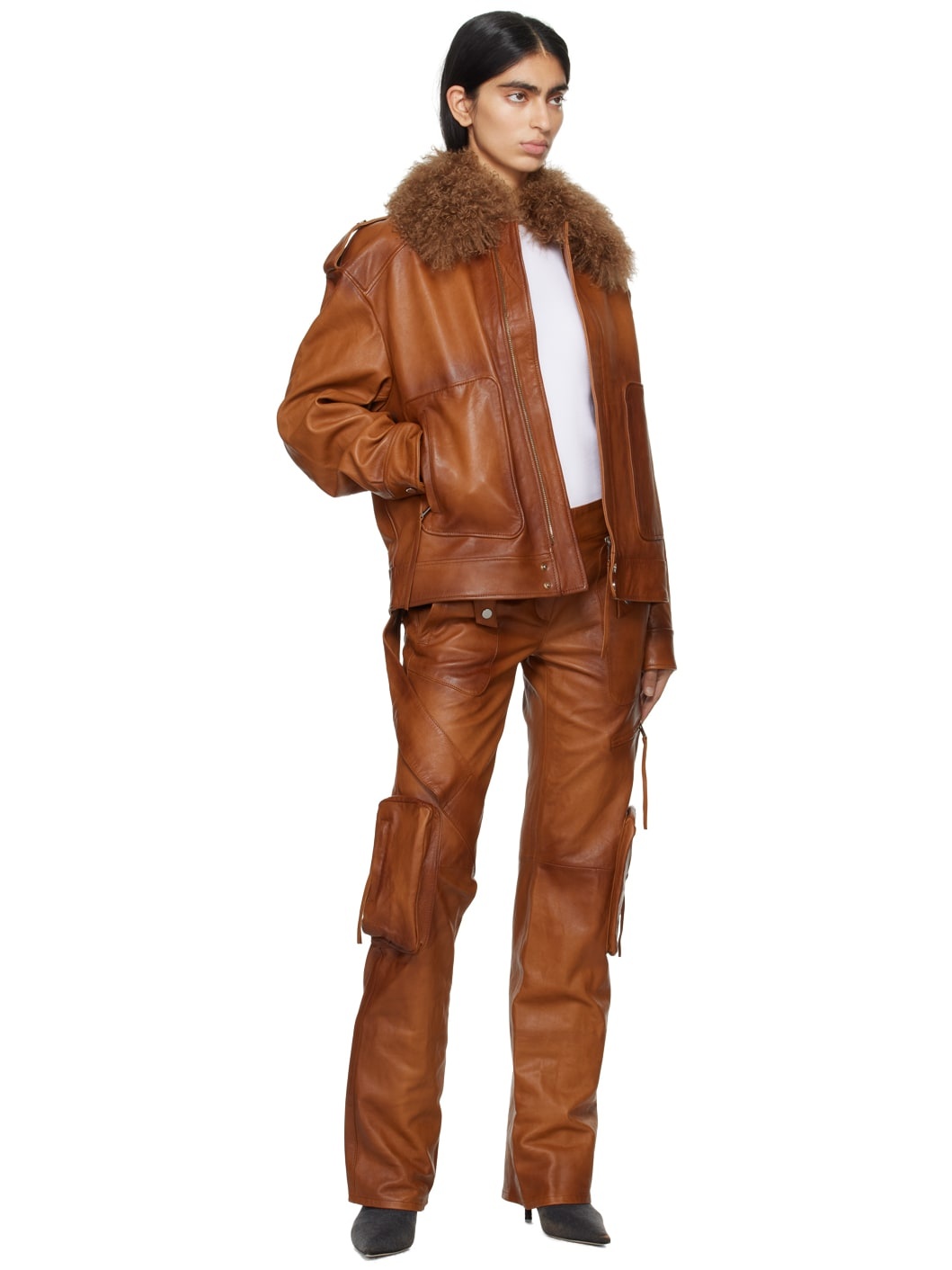 Brown Detachable Collar Leather Jacket - 5